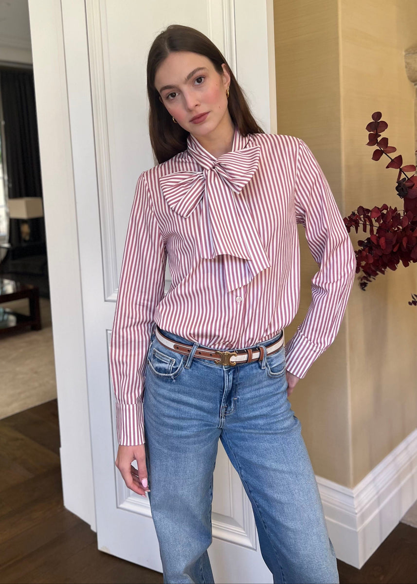 トップス vintage leaf stripe sheer bow tie blouse 15 Bow-Tie Blouses We Love | SheerLuxe