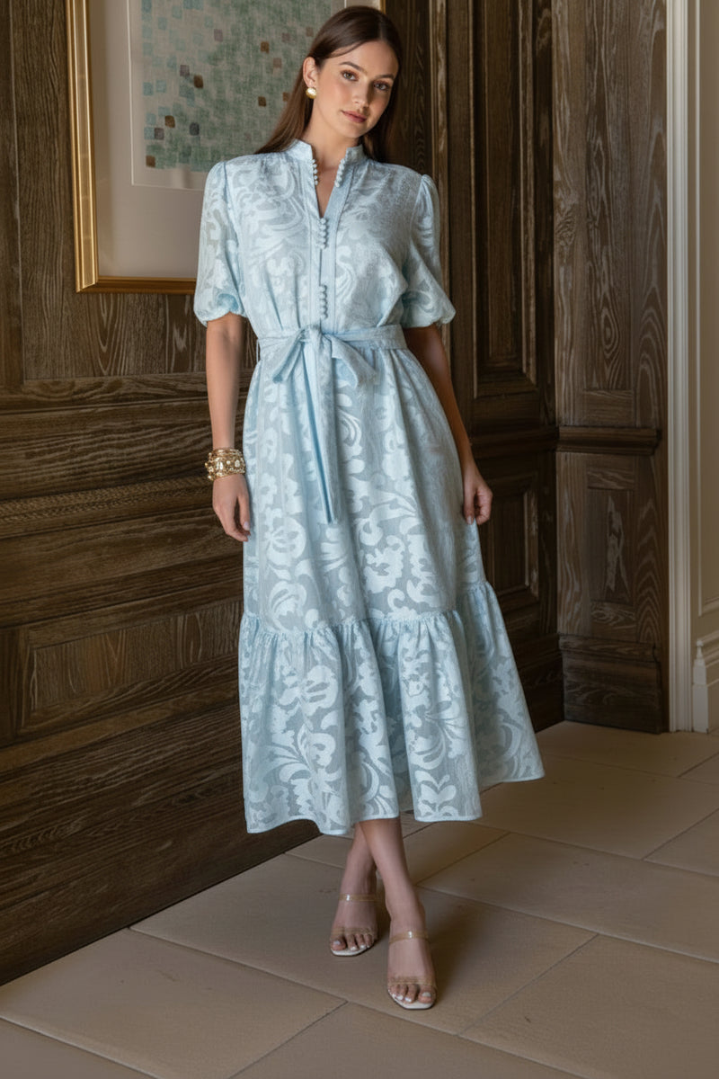 Daisy Lace Short Puff Sleeve Midi Dress - Light Blue – Benaar LA
