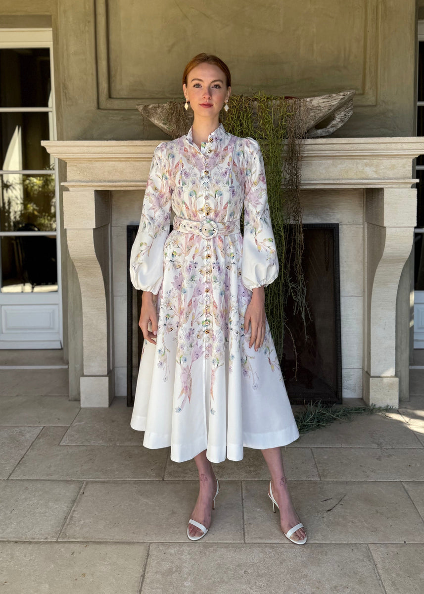 Moira Long Puff Sleeve Multicolor Floral Midi Dress – Benaar LA