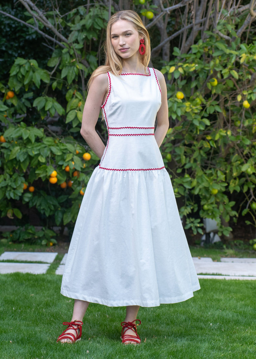 Greta Sleeveless Square Neck White Midi Dress Ricrac Trim X-Small