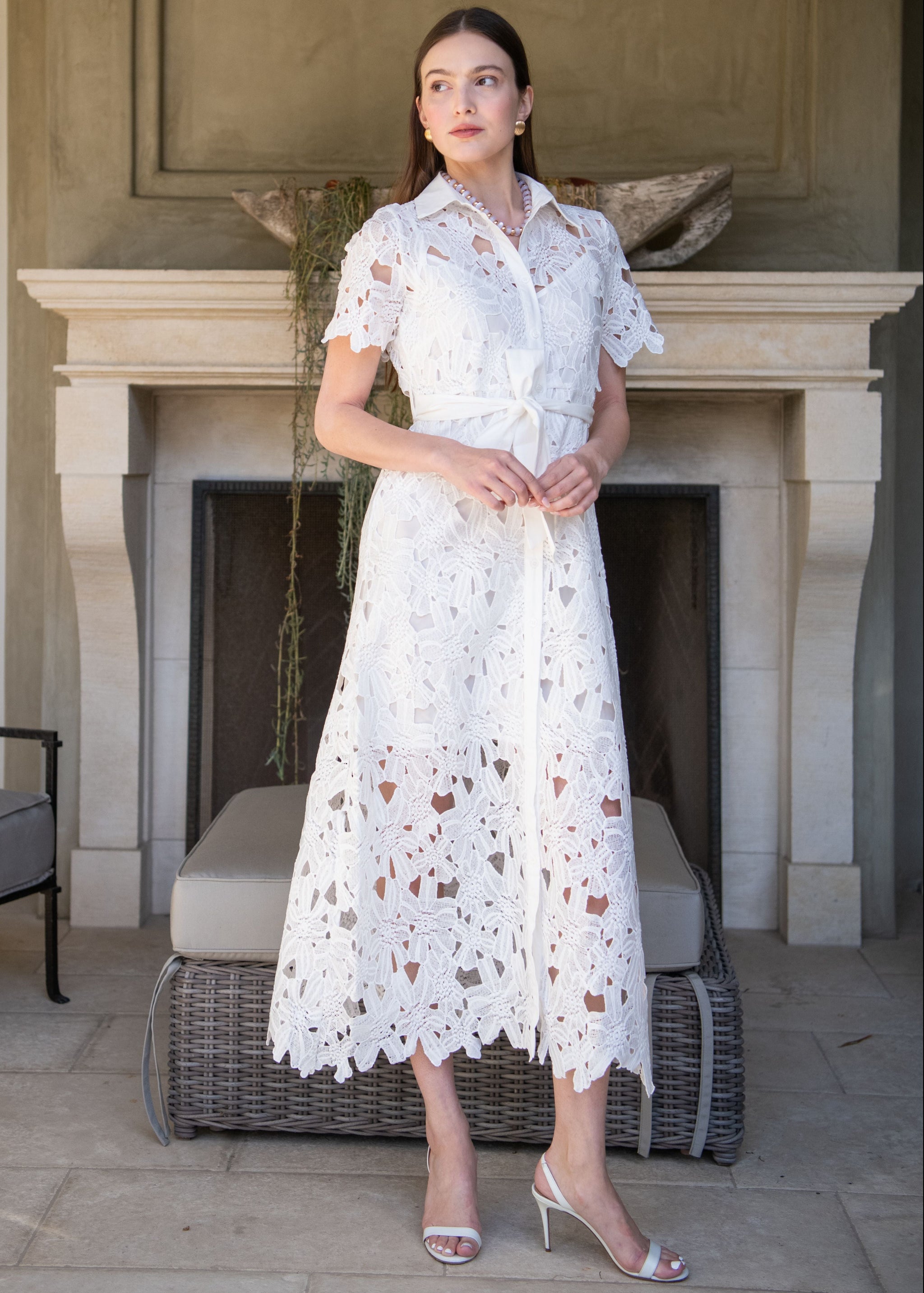 Ida Lace Tie Waist Collared Midi Dress