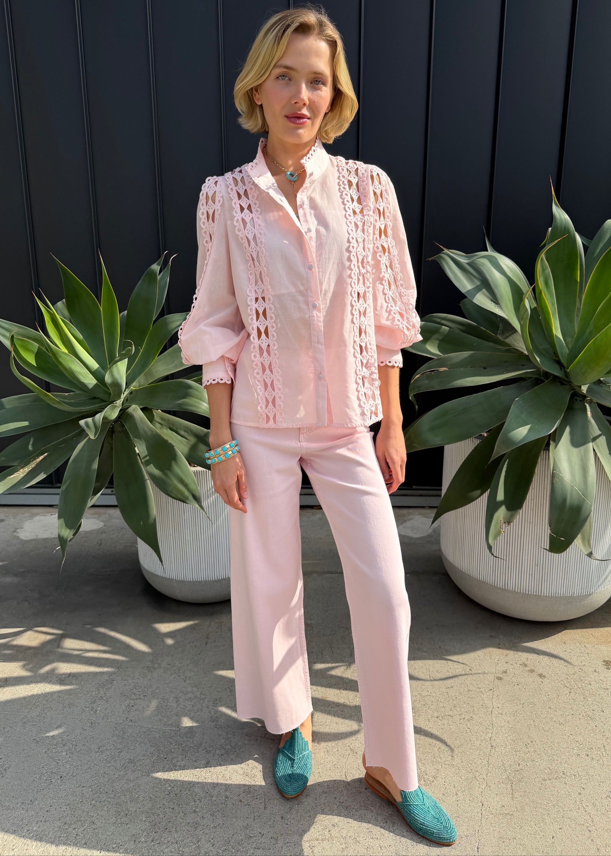 Laurie Lace Detailed Long Sleeve Cotton Blouse - Light Pink