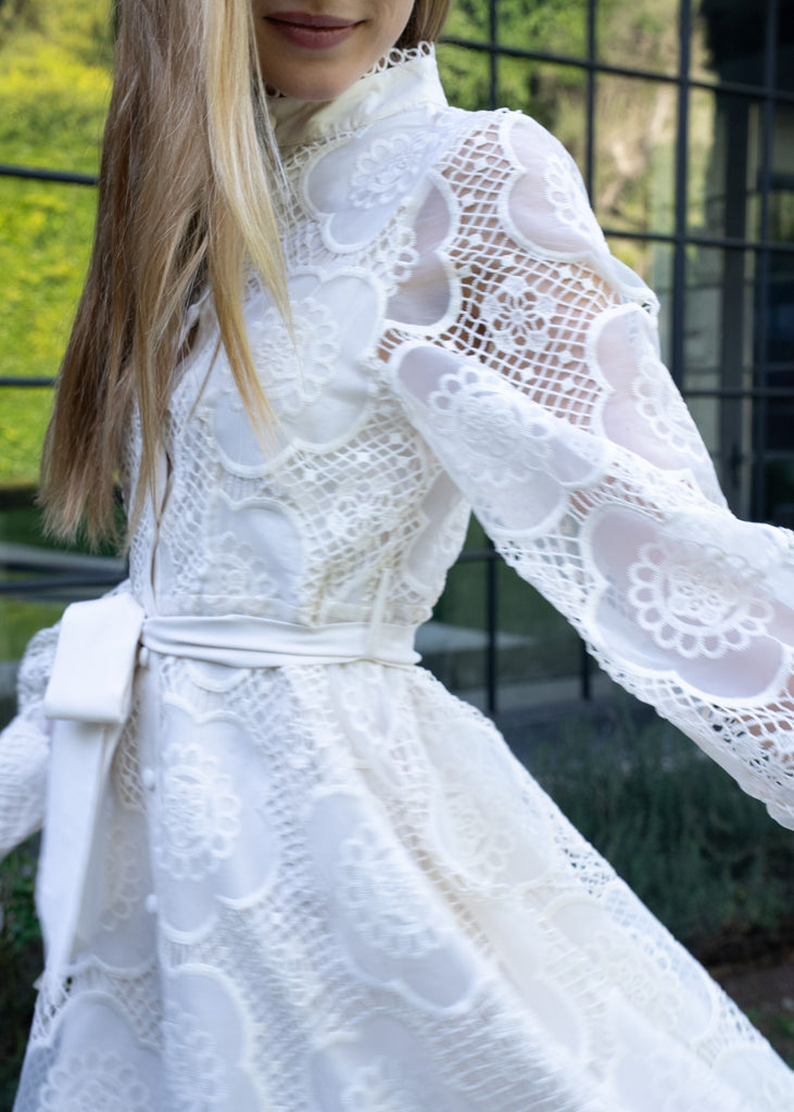 Anita Floral Lace Long Puff Sleeve Mock Neck Mini Dress