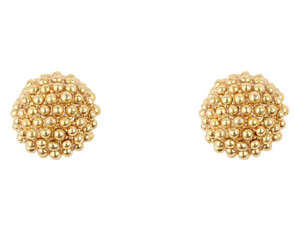 Gold bead earrings on a white background with a size indicator of 15mm.