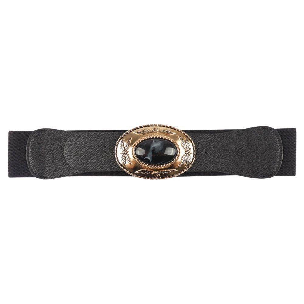 Black belt with a gold and black decorative buckle on a white background