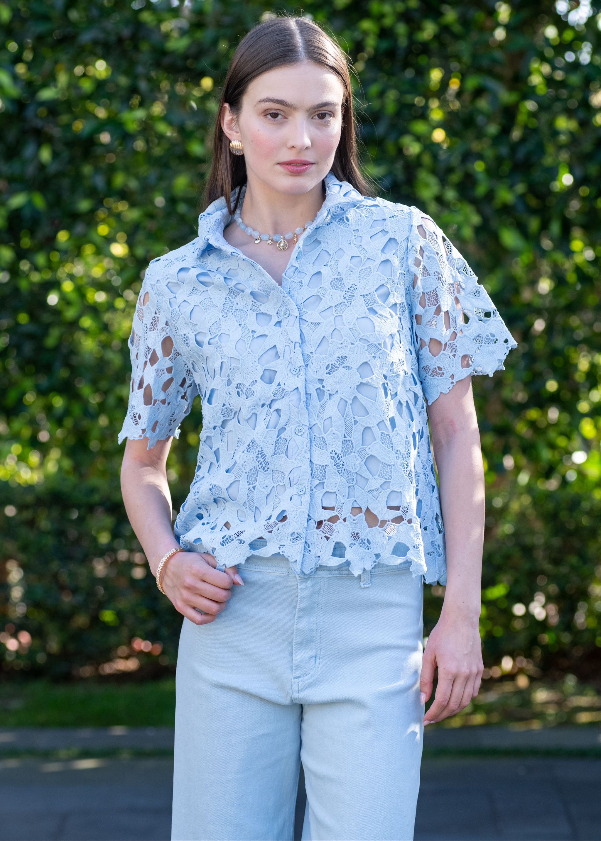 CARLA カーラ　Lady lace shirt Carla Collared Lace Button Down Short Sleeve Top - Light Blue