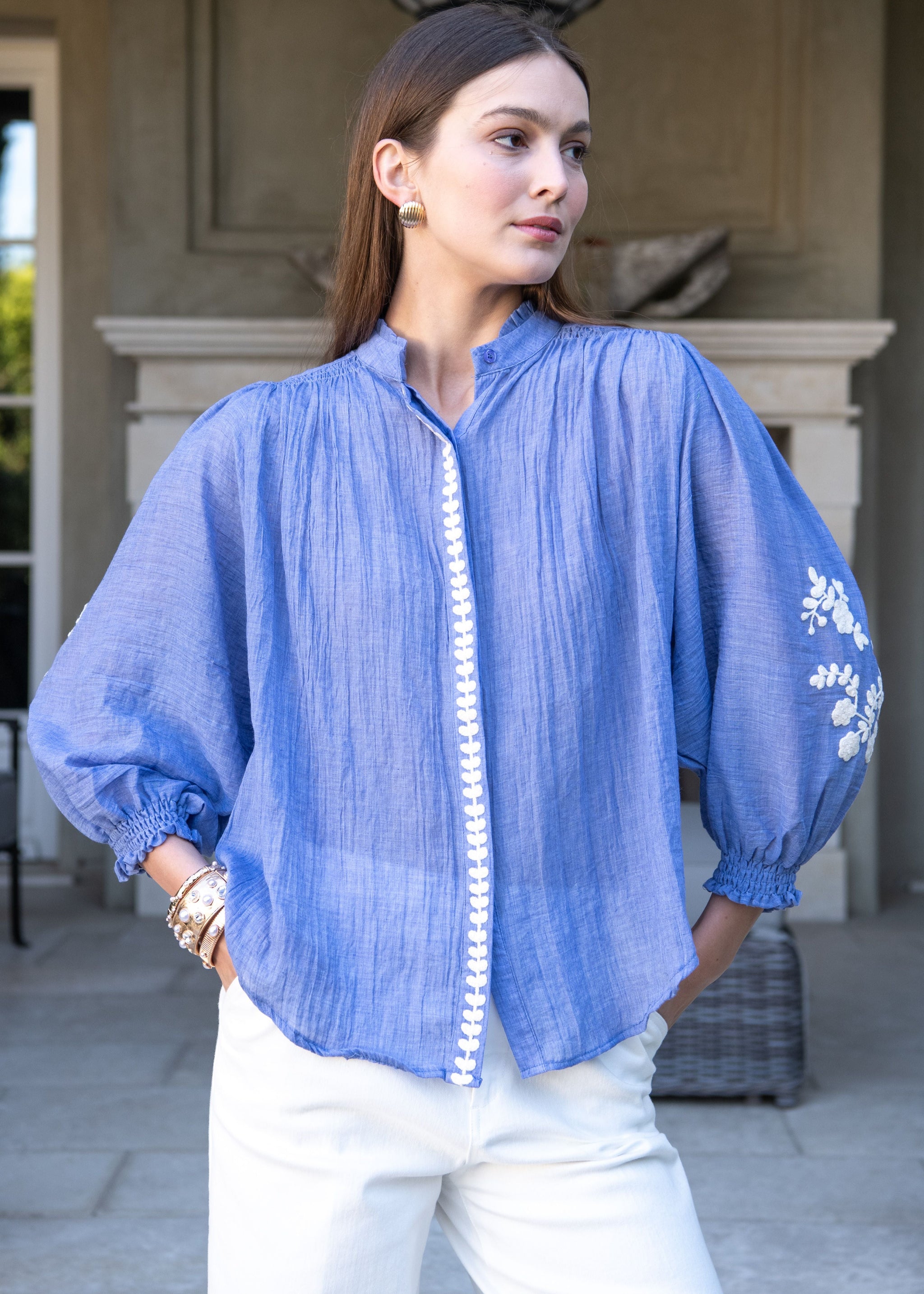 Marjorie Mock Neck Long sleeve Top with Embroidery - Blue – Benaar LA