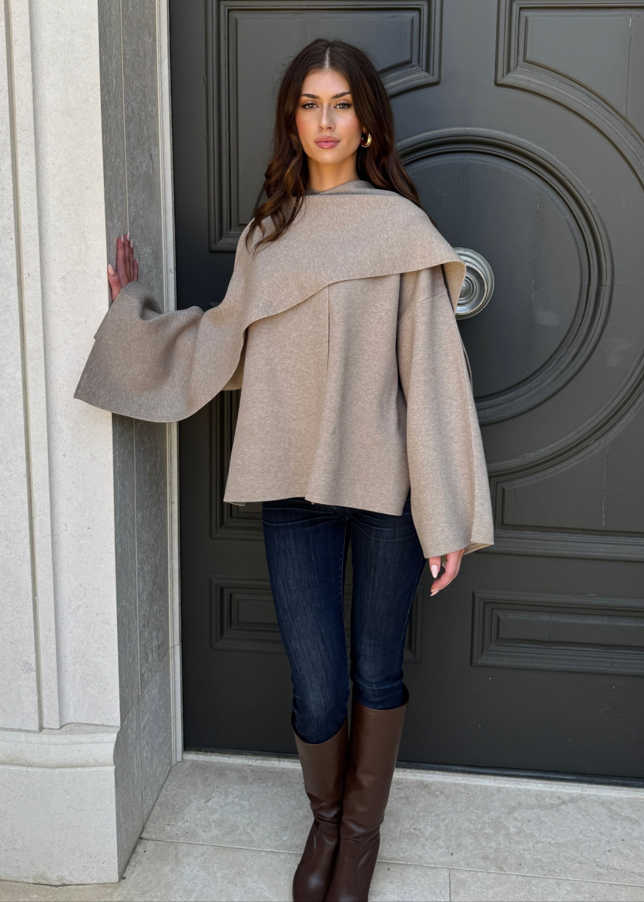 Adira Asymmetrical Cape Jacket with Attached Shawl - Beige
