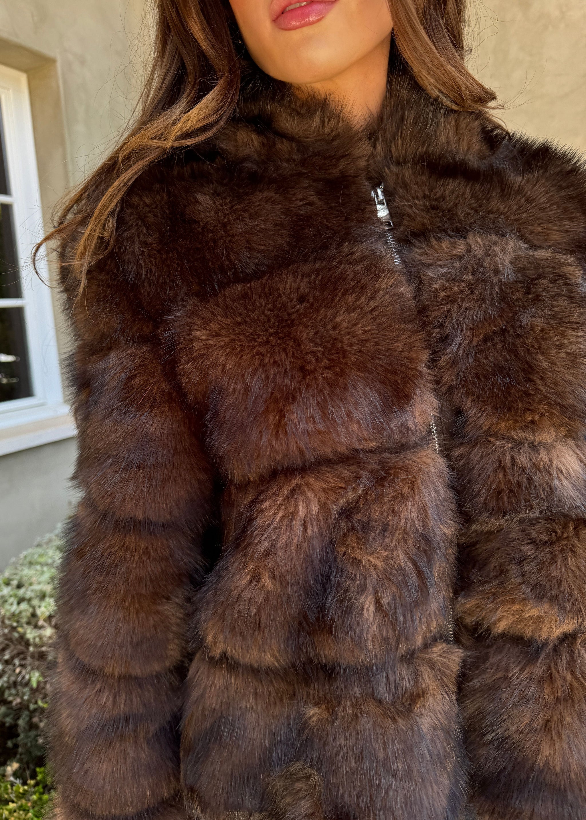 Marcella Puffer Style Faux Fur Hooded Zip Up Jacket - Chocolate