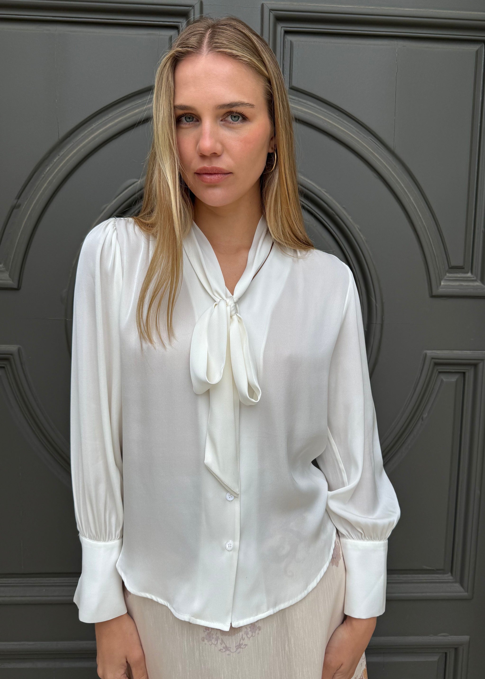 Adaire Silk Bow Tie Neck Blouse White - Main Image