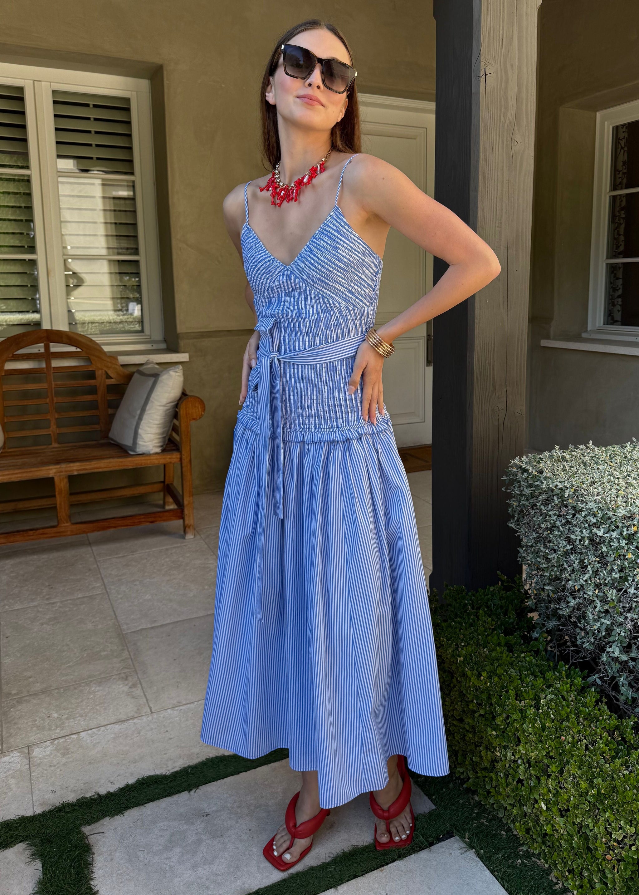 Dorothy Smocked Bodice Drop Waist Blue and White Striped Midi Dress Large Dorothy Smocked Bodice Drop Waist Blue and White Striped Midi Dress Large