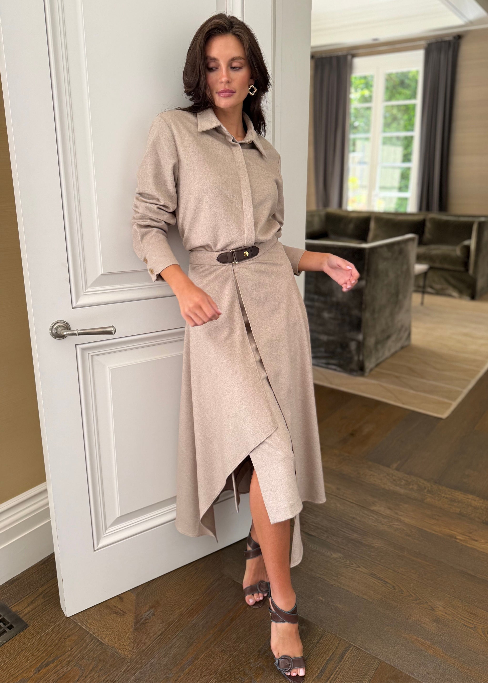 Alessia Soft Asymmetrical Midi Skirt with Buckle Detail