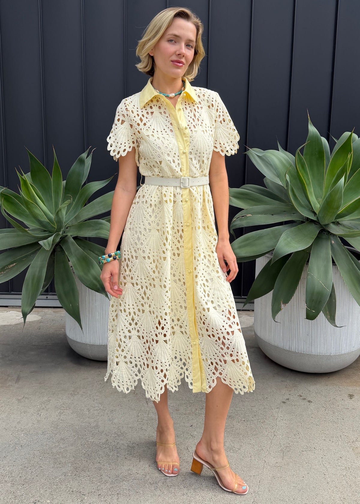 lace short sleeve midi dress Robin Belted Yellow / Small piece look beneath sheer LIONESS Carrie Halter Dress Color:Perry Blue Bell