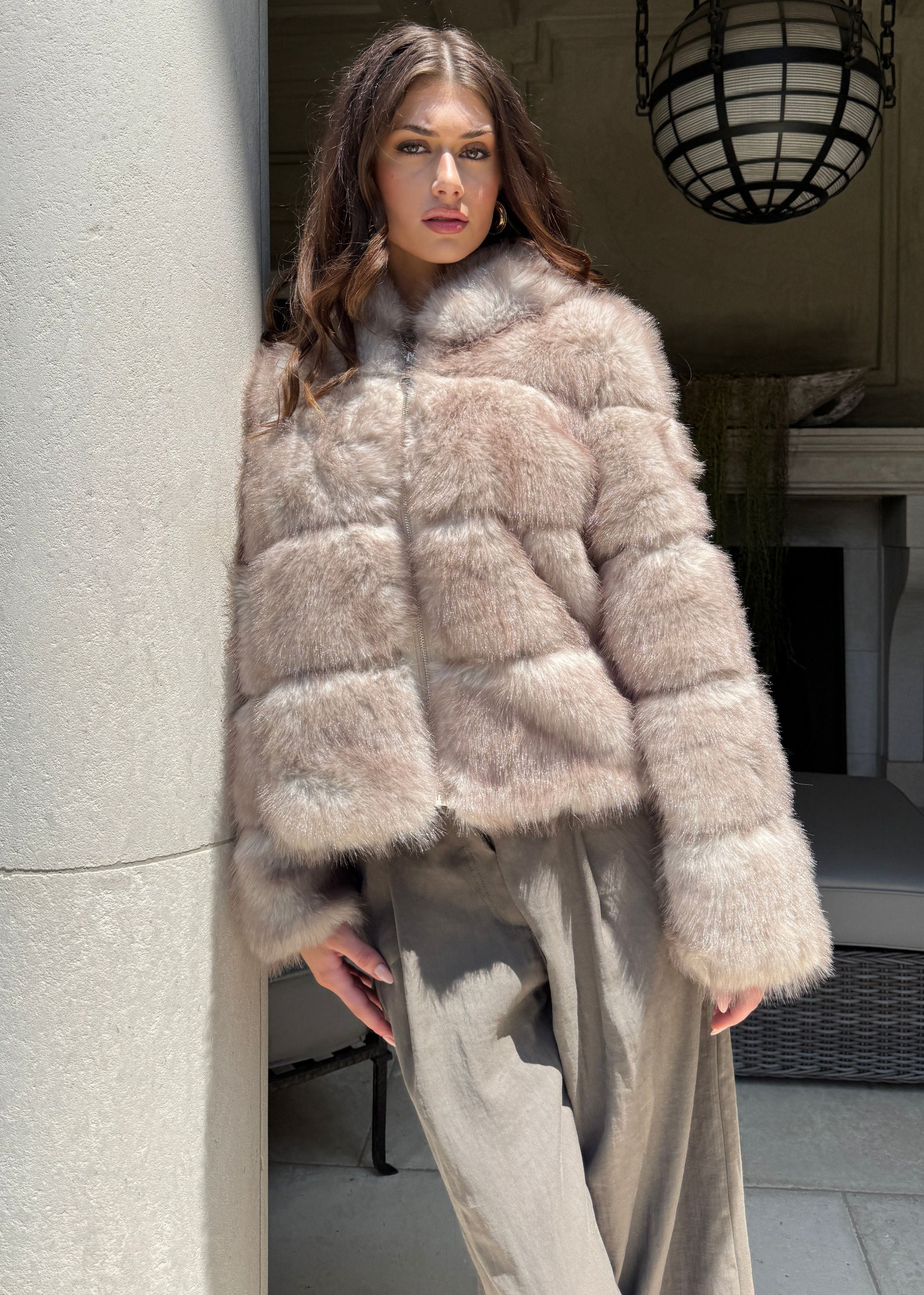 Marcella Puffer Style Faux Fur Hooded Zip Up Jacket - Light Brown