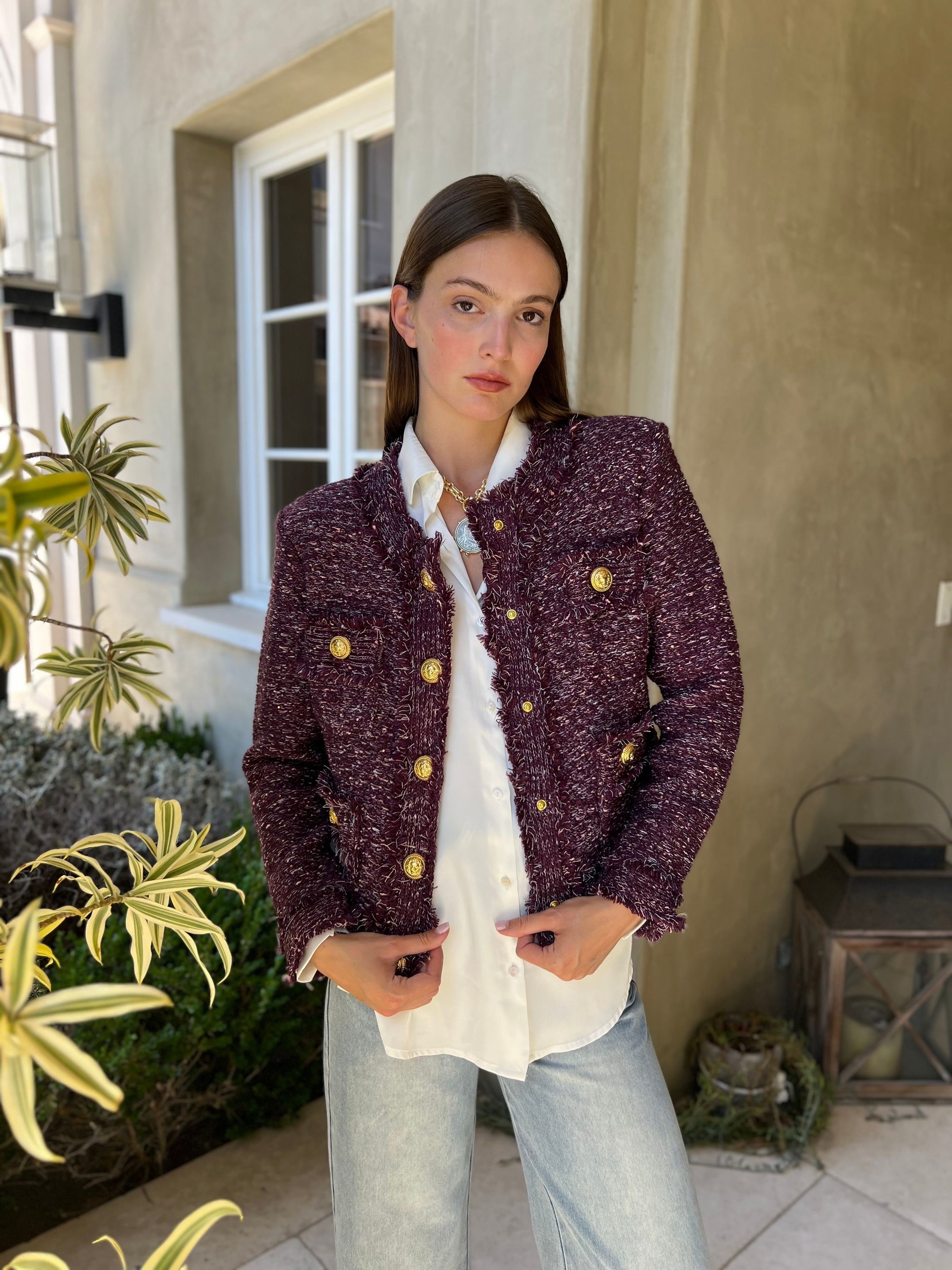 Bethany Tweed Jacket with Gold Buttons - Eggplant – Benaar LA