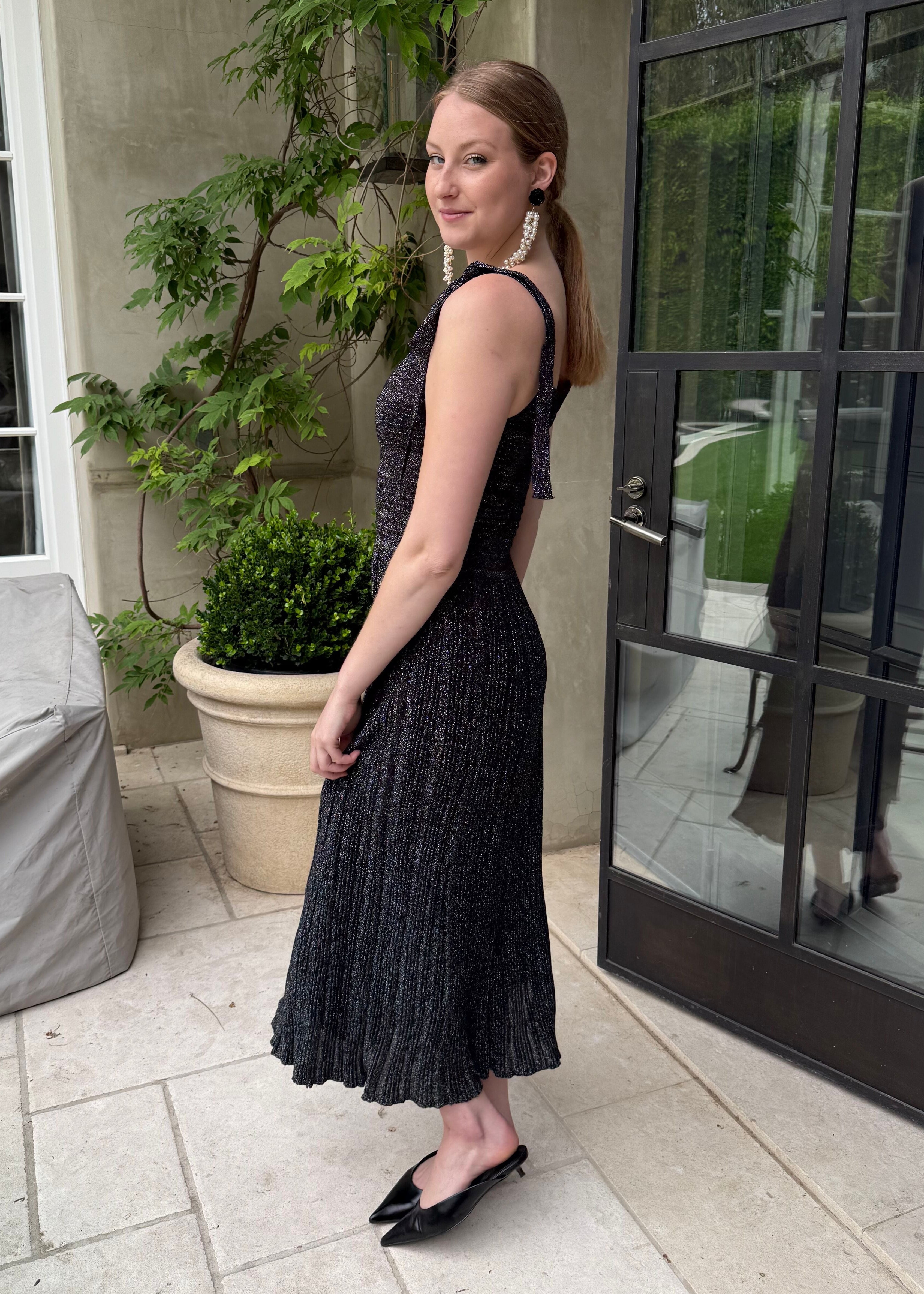 black pleated midi dress Karen Millen Petite Tailored Structured Crepe Forever Pleat Belted Midi Dress in Black