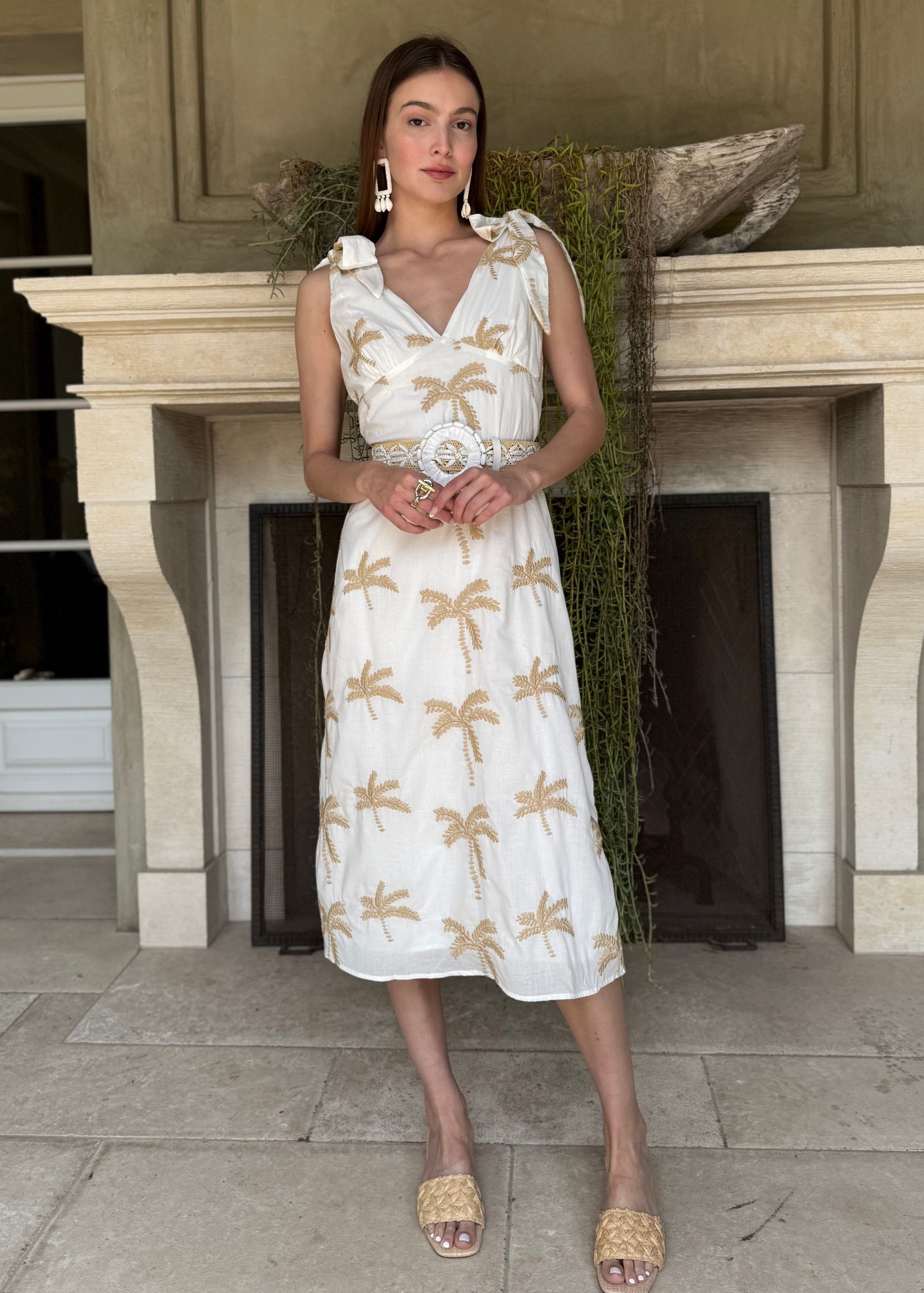 Maddie Cream with Tan Palm Tree Embroidery Midi Dress Small Maddie Cream with Tan Palm Tree Embroidery Midi Dress Small