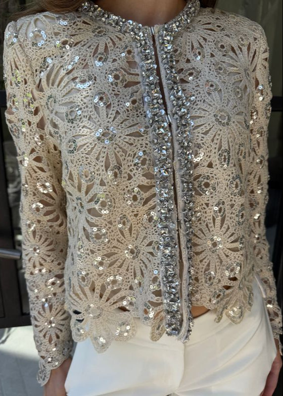 Elegant lace top with sequin detailing on a blurred background