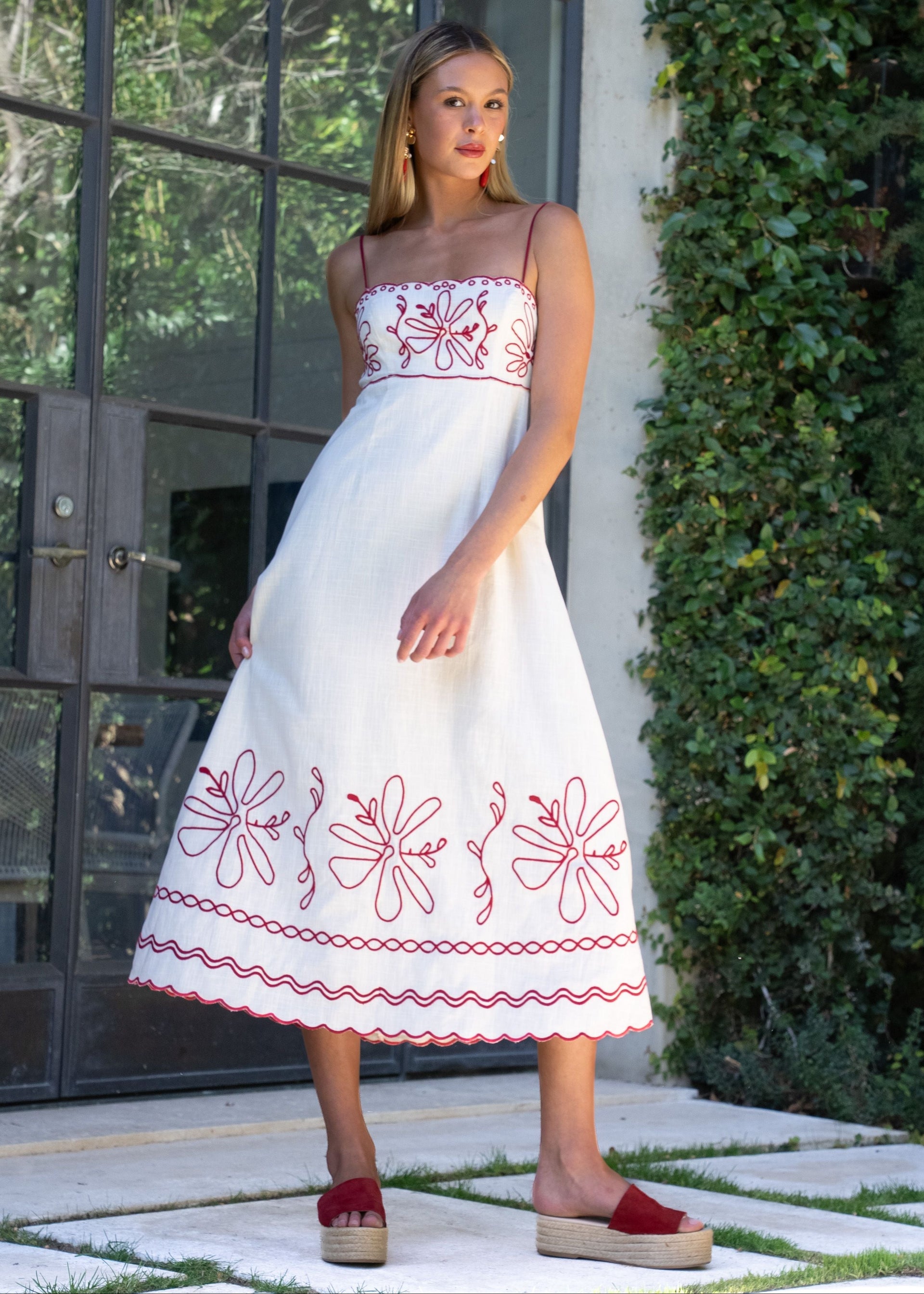 Carol Cream with Red Floral Embroidery Maxi Dress