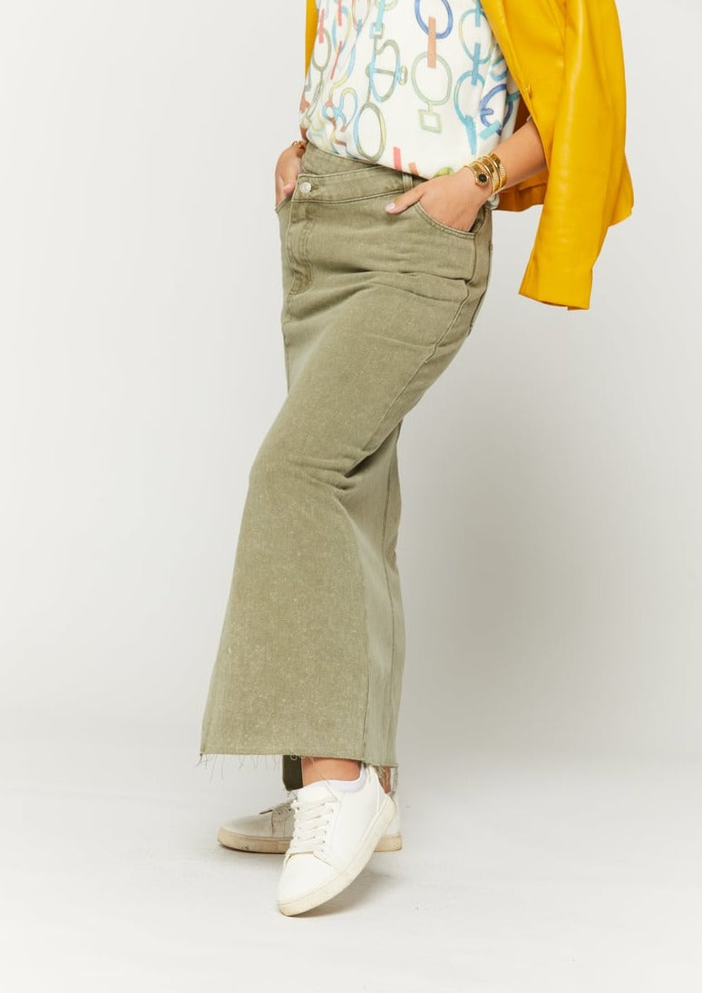 Avi Front Side Slit Denim Maxi Skirt - Olive – Benaar LA