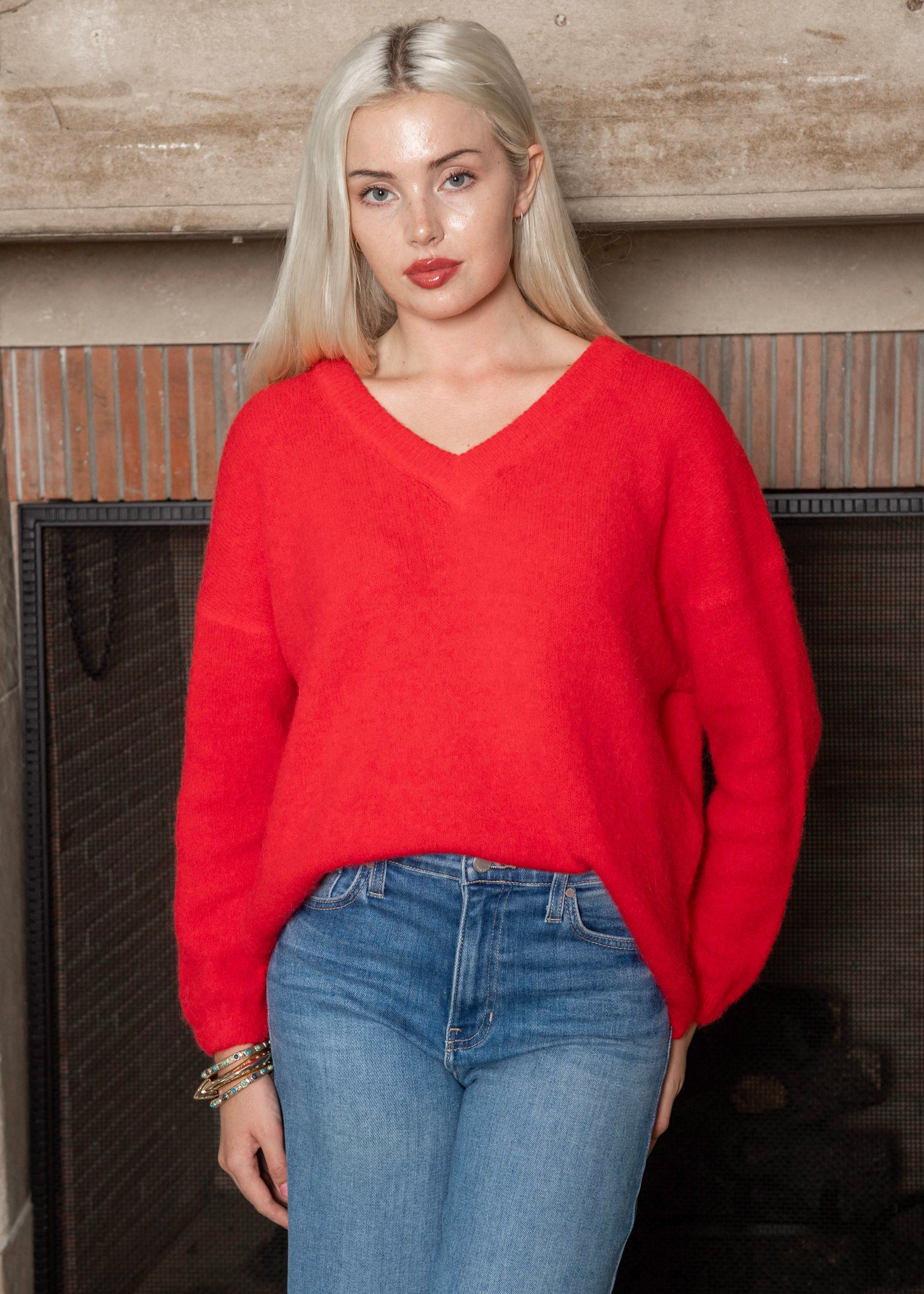 Carmen Long Sleeve V Neck Sweater Cherry Red – Benaar LA