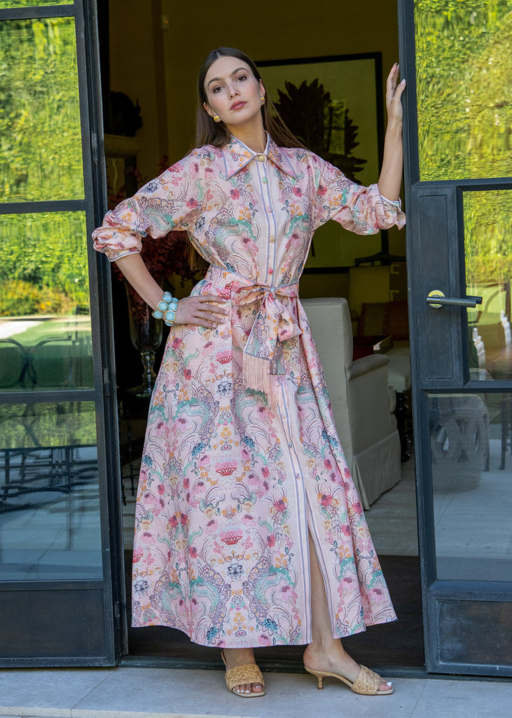 irina maxi dress Irina Long Sleeve Floral Maxi Dress with Belted Fringe Waist Medium/Large
