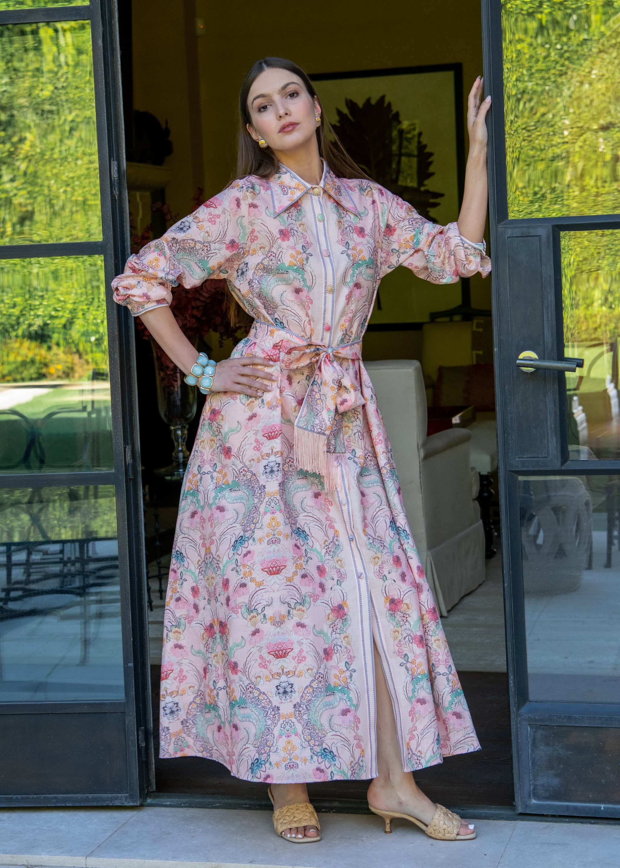 Irina Long Sleeve Floral Maxi Dress with Belted Fringe Waist