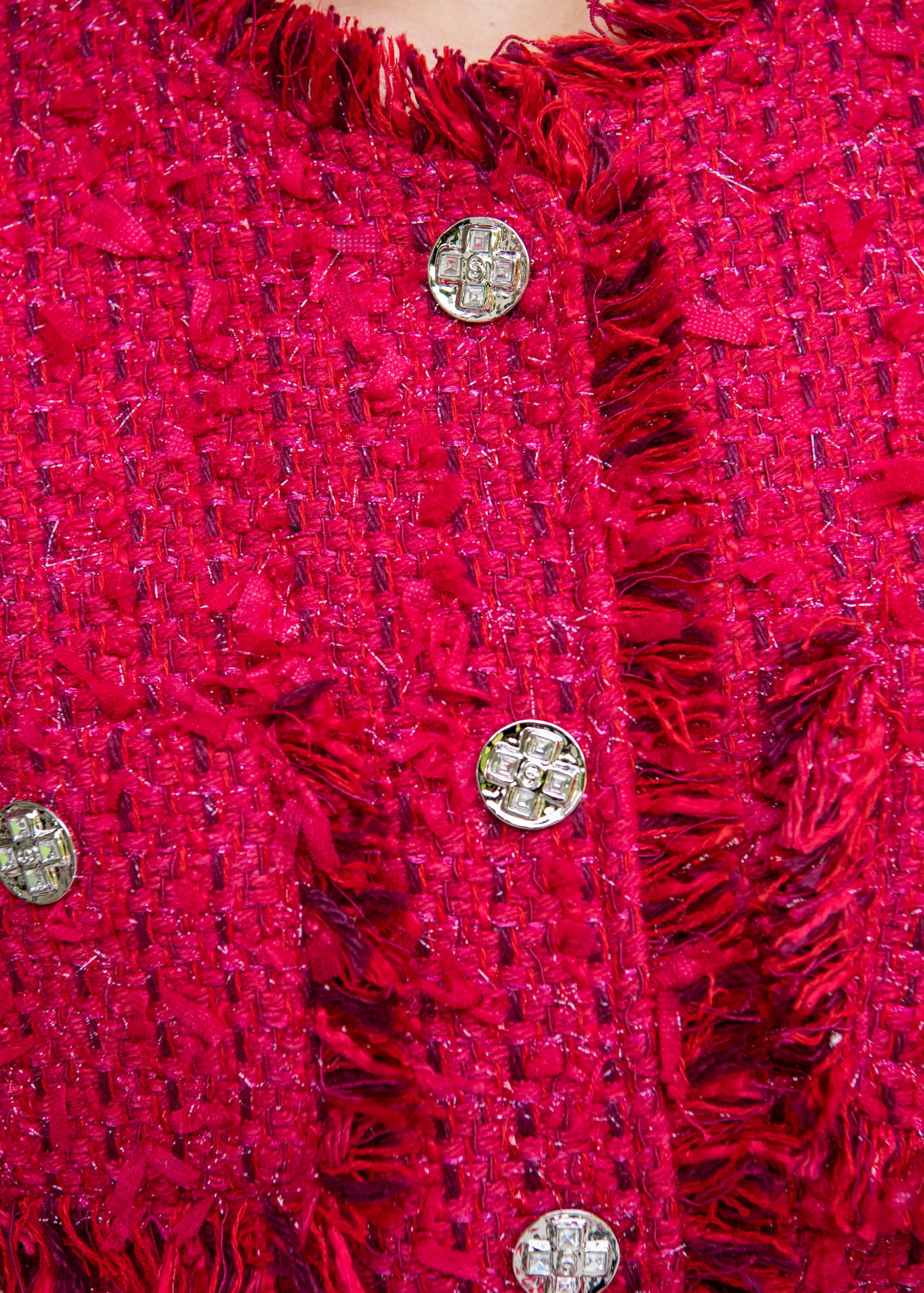 Cherise Belted Tweed Button Down Fringe Vest - Red – Benaar LA