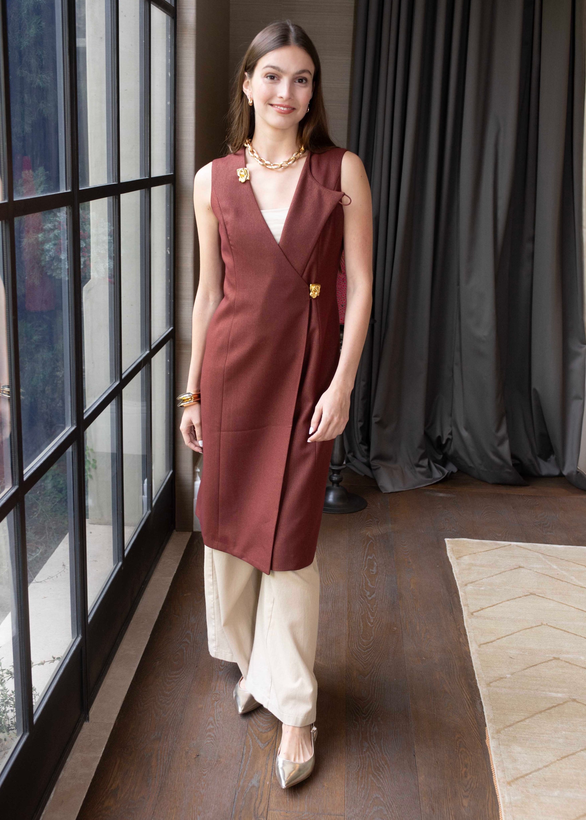 Leslie Burnt Orange Wrap Vest Dress with Gold Accent Buttons – Benaar LA