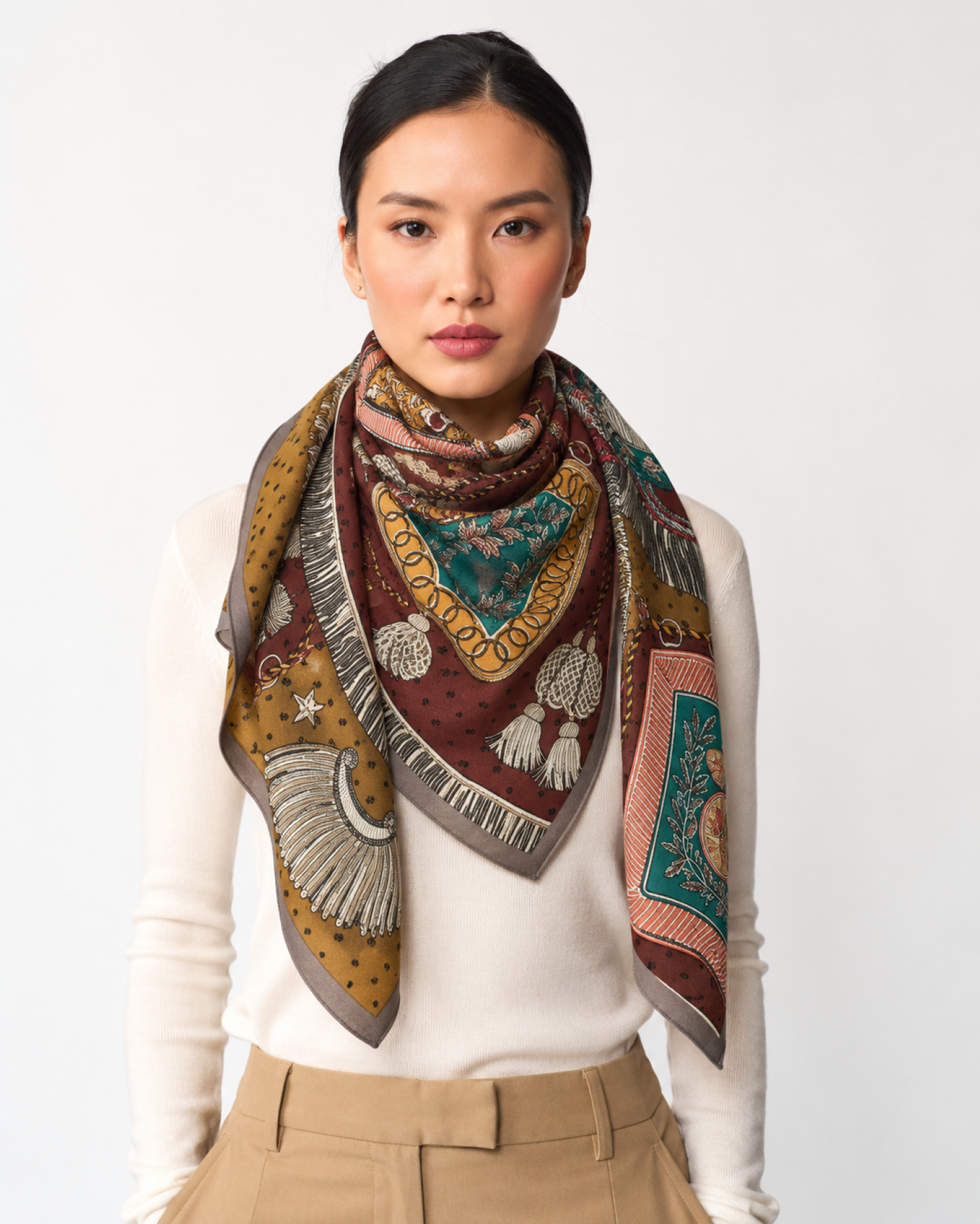 Dania Tassel Print Scarf - Brown – Benaar LA