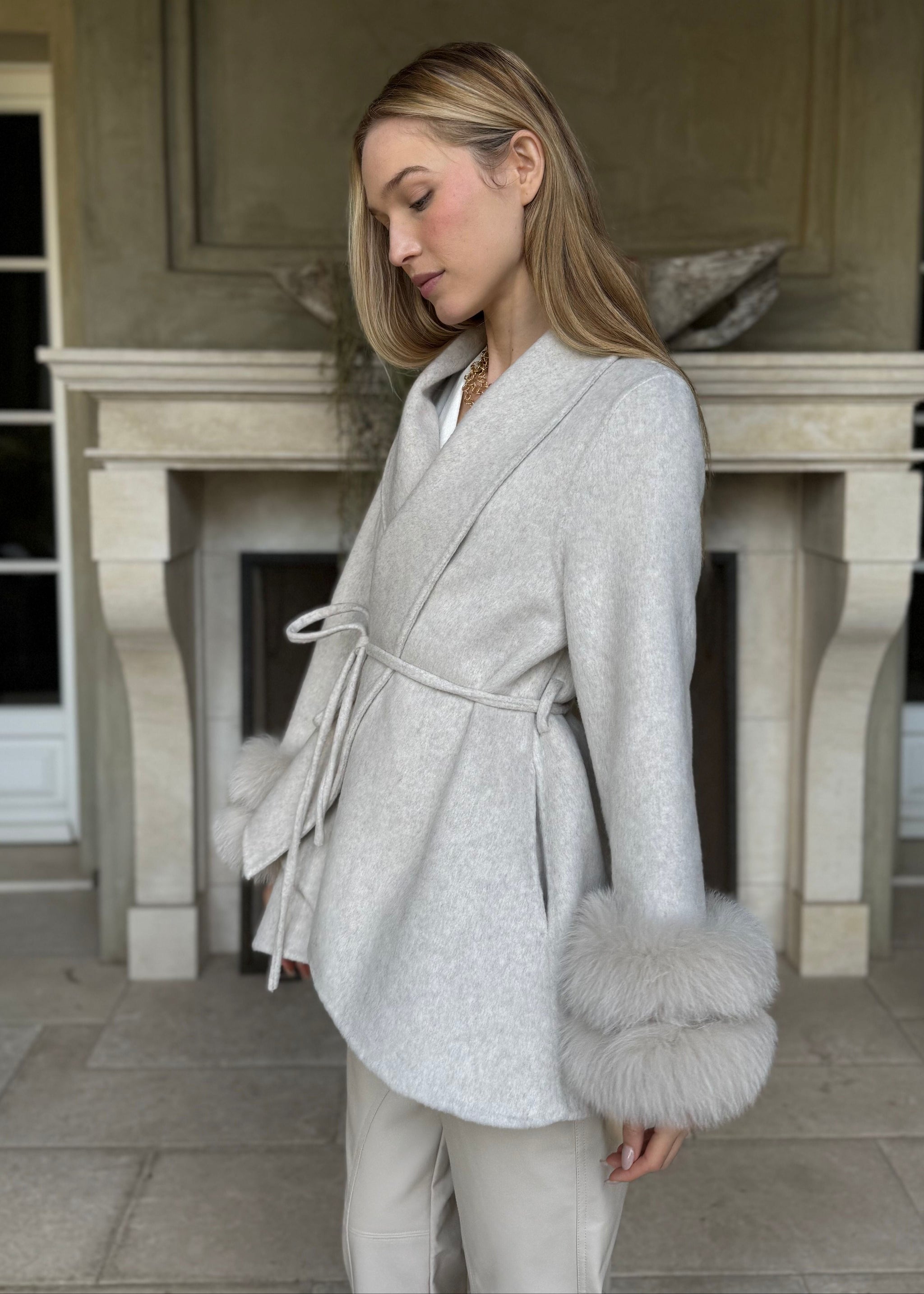 Elsie Light Taupe Wool Cardigan Coat with Detachable Fur Cuffs