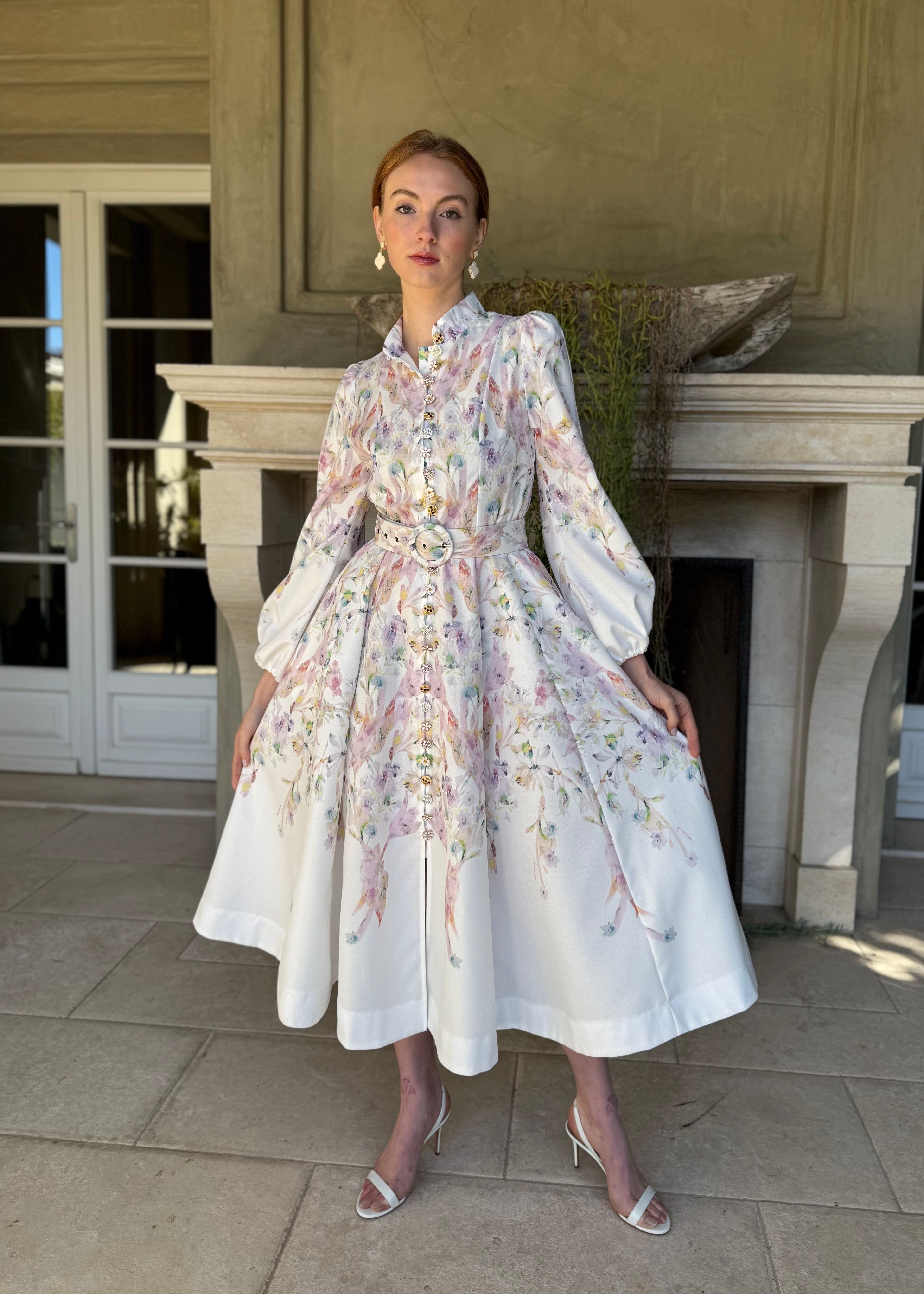 Moira Long Puff Sleeve Multicolor Floral Midi Dress Large Moira Long Puff Sleeve Multicolor Floral Midi Dress Large