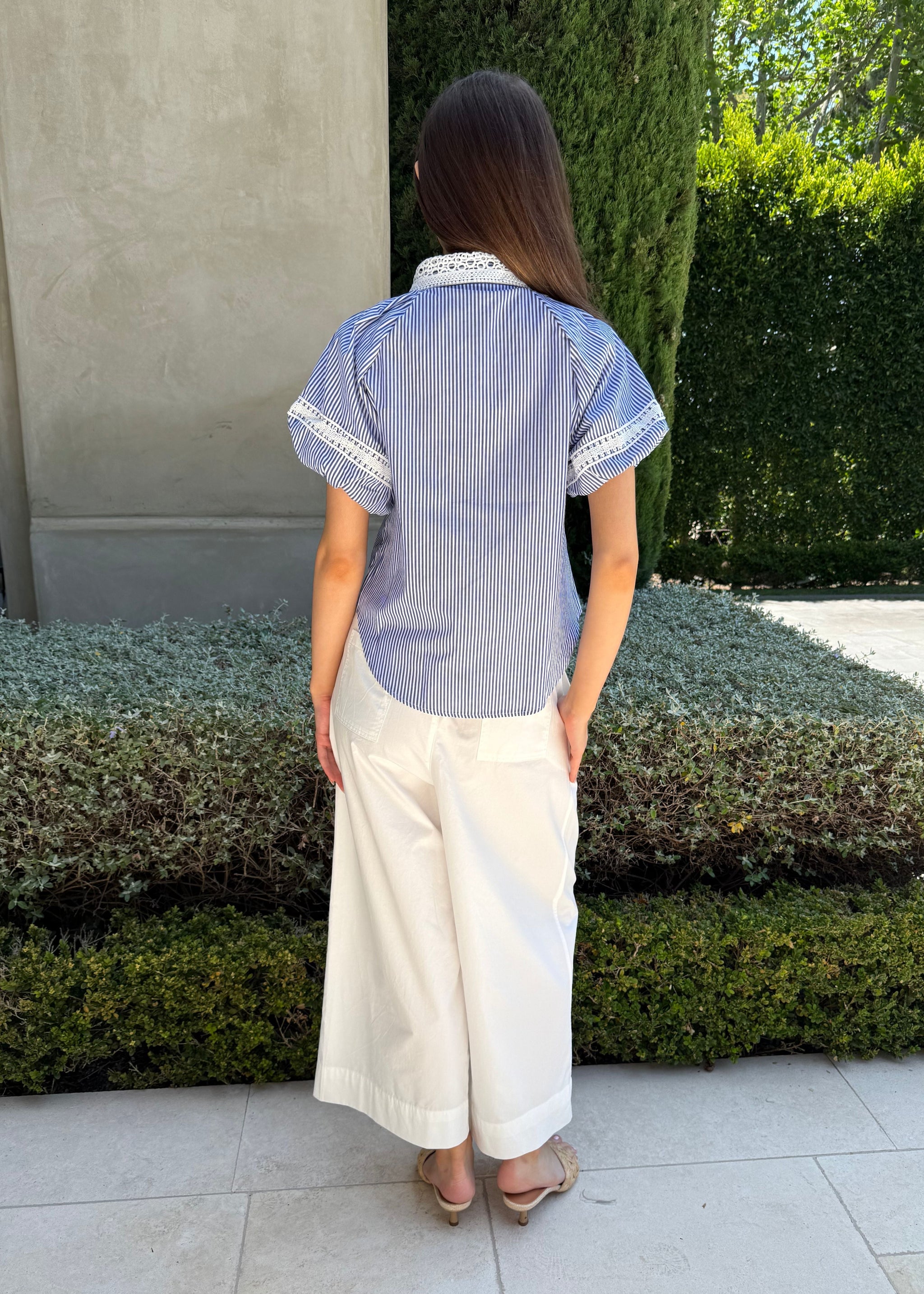 Callie Oversized Crochet Lace Collar Striped Button Down Top