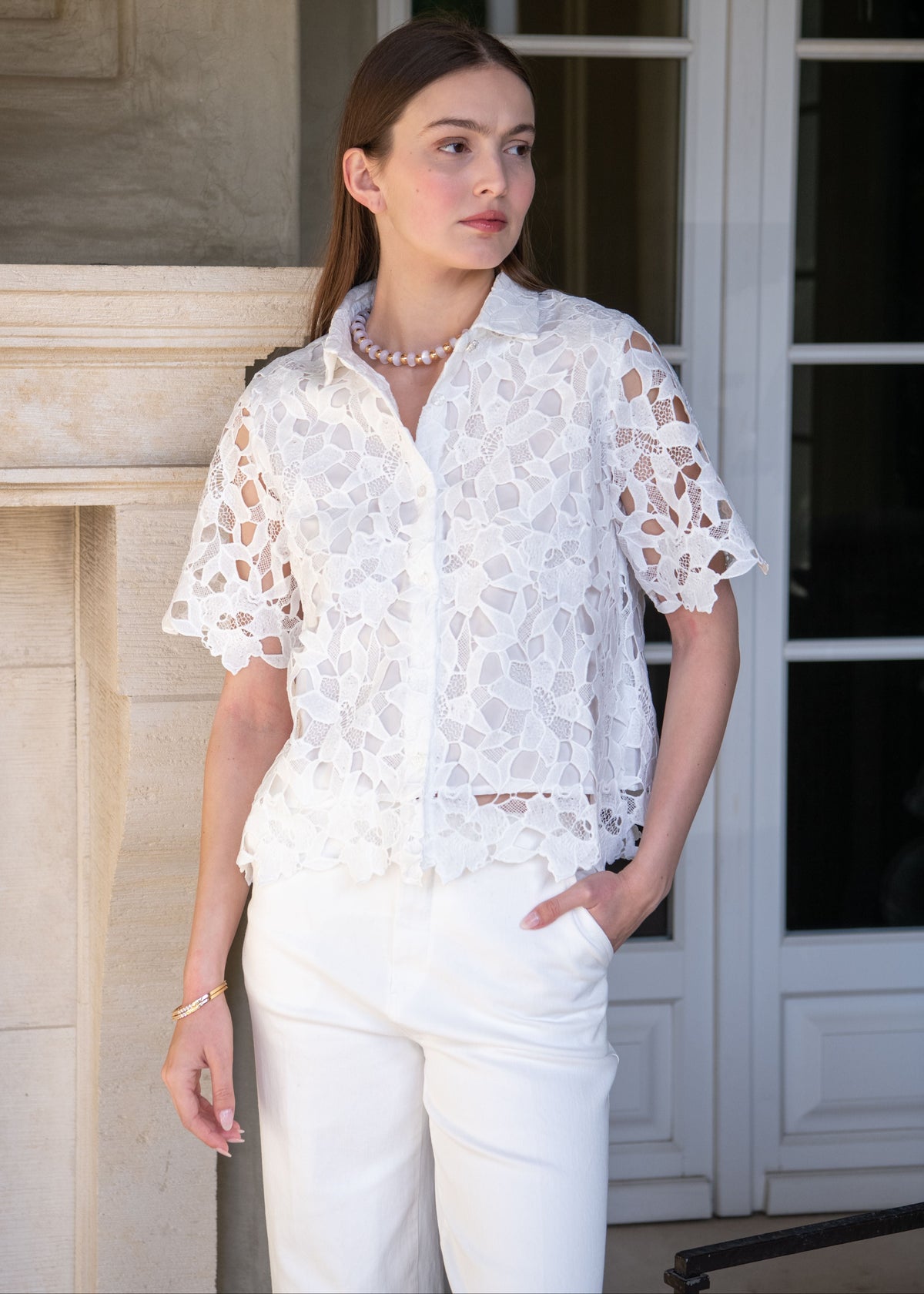Carla Collared Button Down Short Sleeve Lace Top - White – Benaar LA