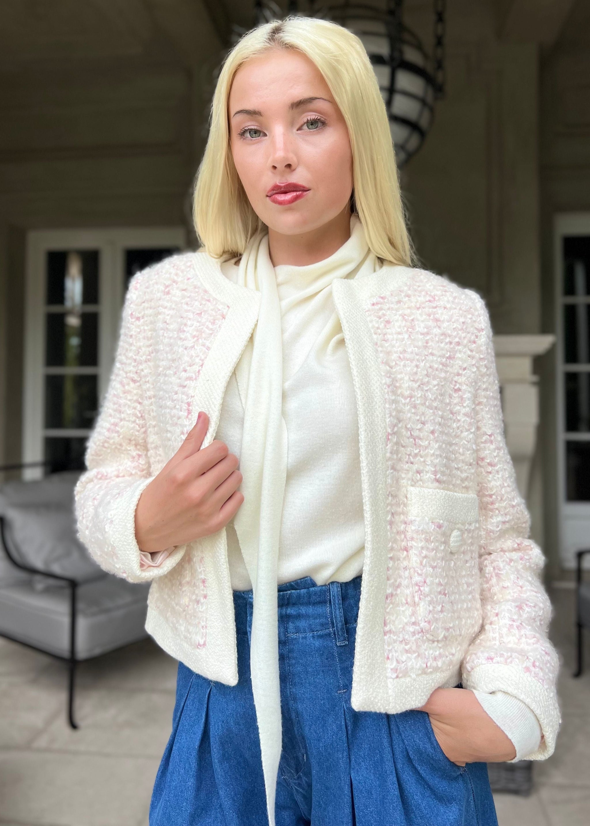 Janine Wrap Neck Long Sleeve Knit Scarf Top - Cream – Benaar LA