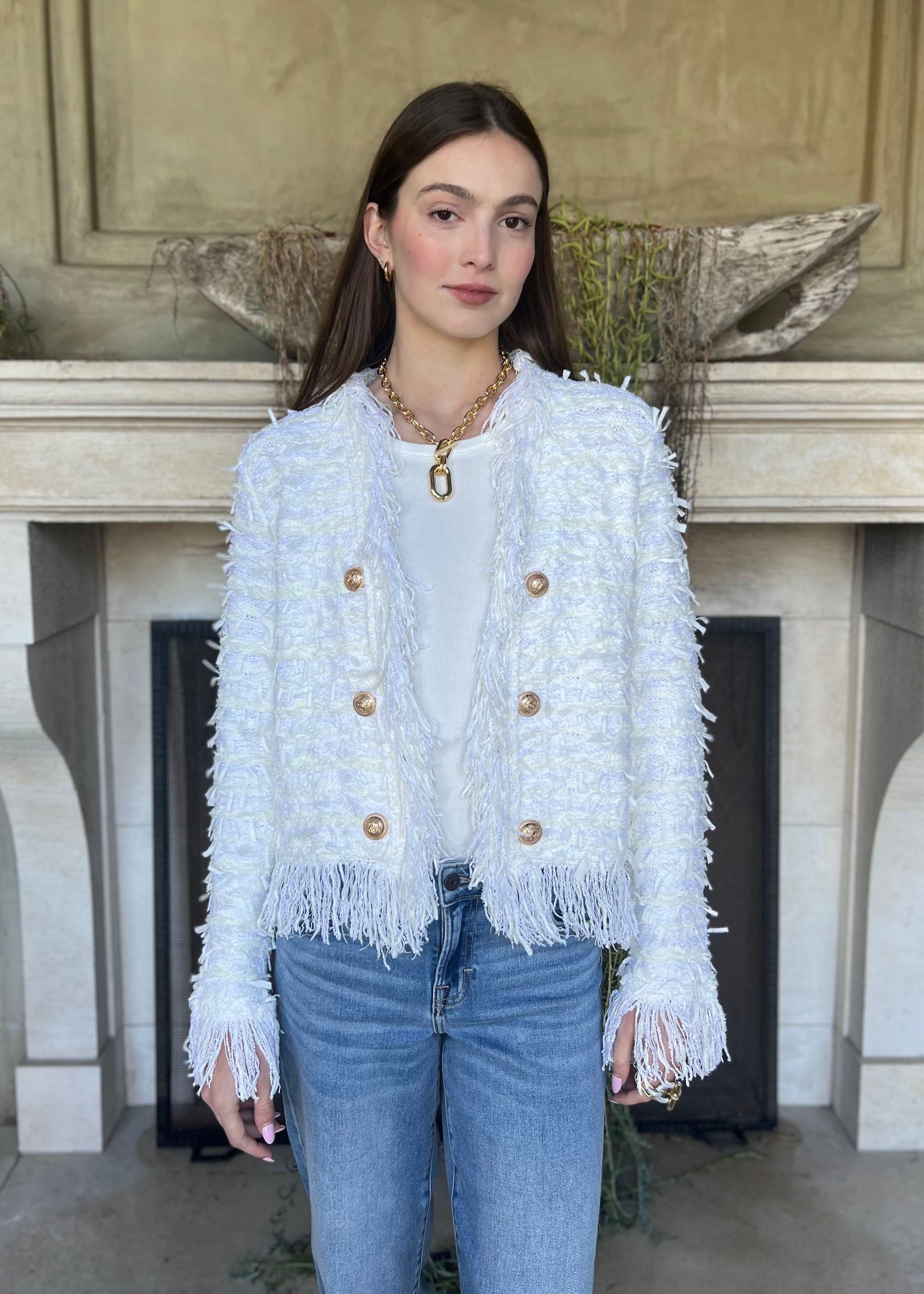 Khloe Open Front Fringe Jacket - White – Benaar LA