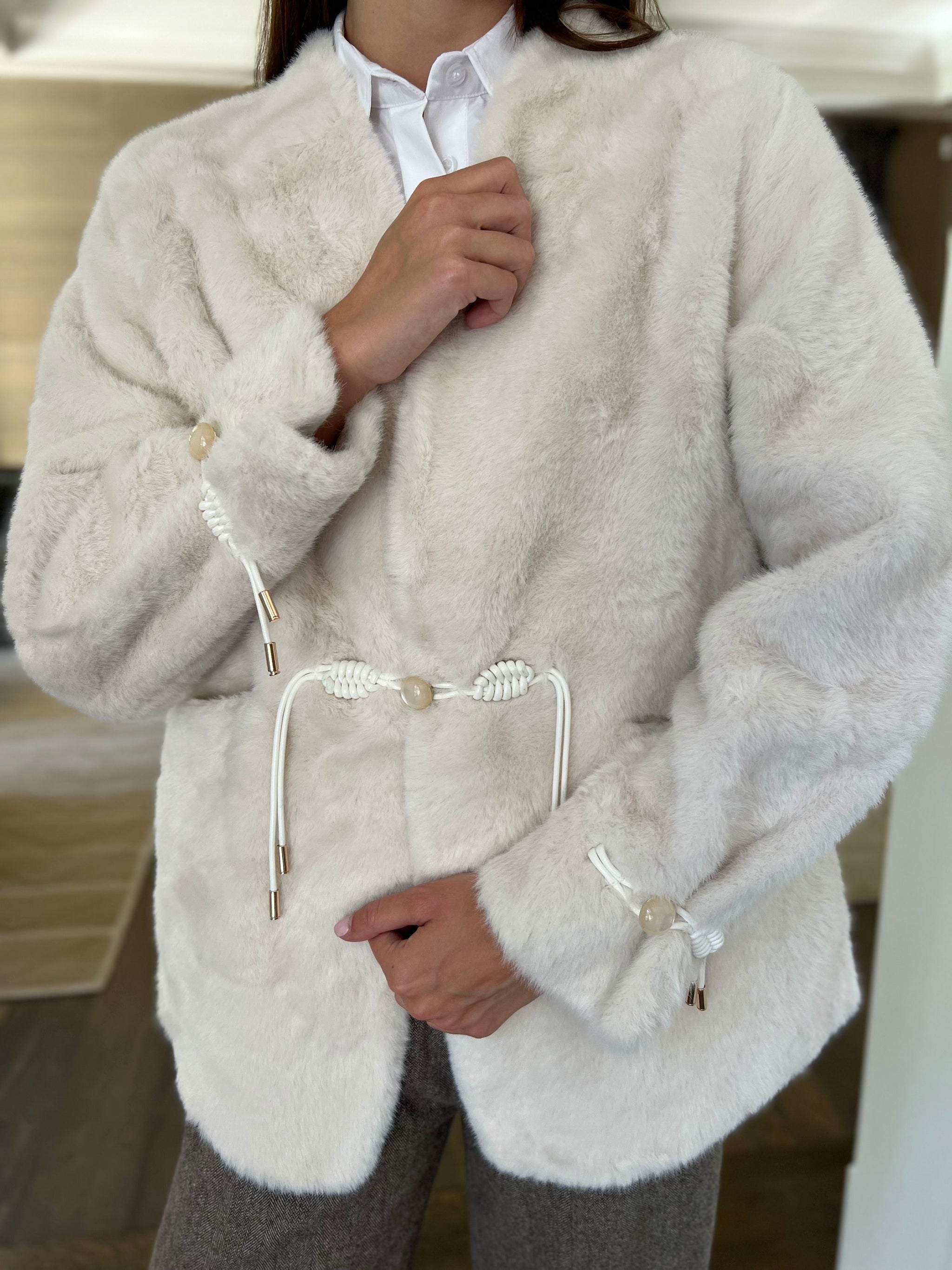 Clarisse Faux Fur Coat with Fishtail Braid Tie Detail - Cream