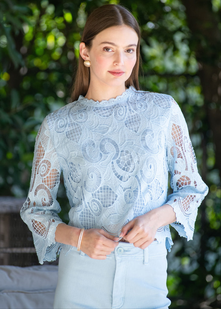 Jocelyn Abstract Lace 3/4 Flare Sleeve Top - Light blue – Benaar LA