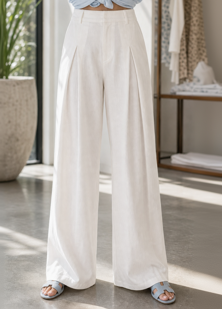 Arlan Pleated Wide Leg Trousers - White – Benaar LA