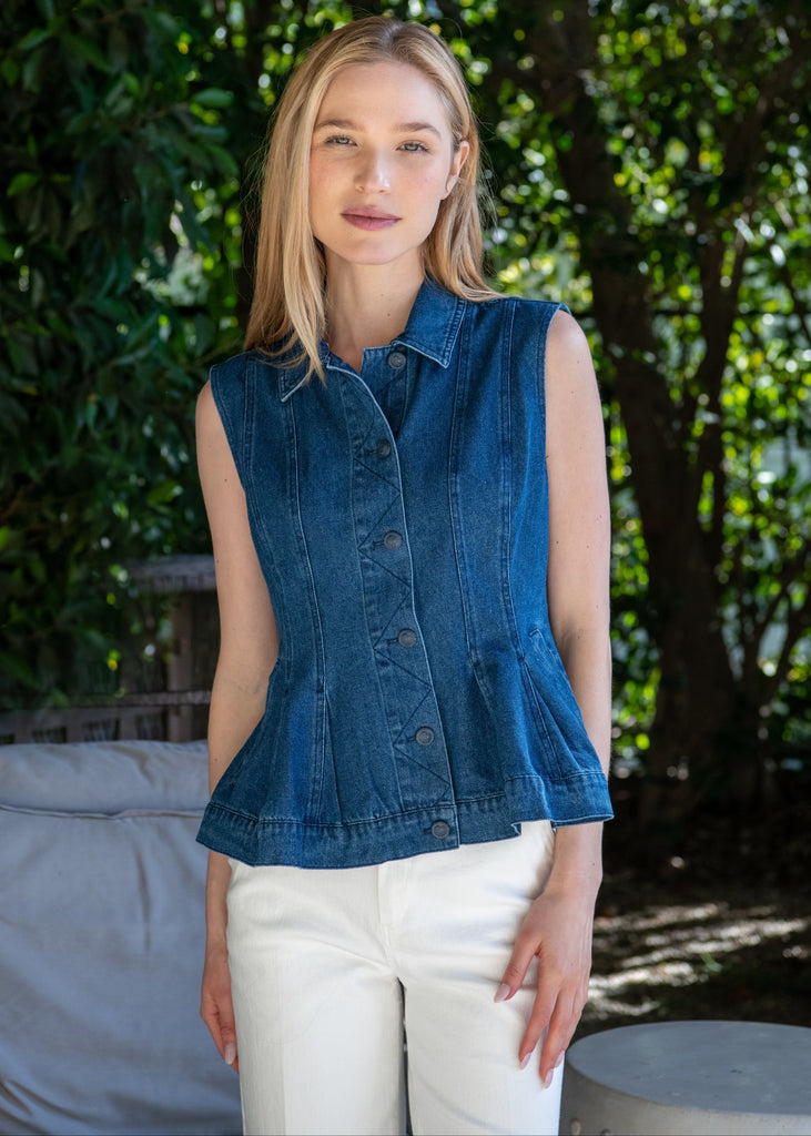 Jonah Layered Denim Peplum Vest and Crop Jacket Set - Blue Jean