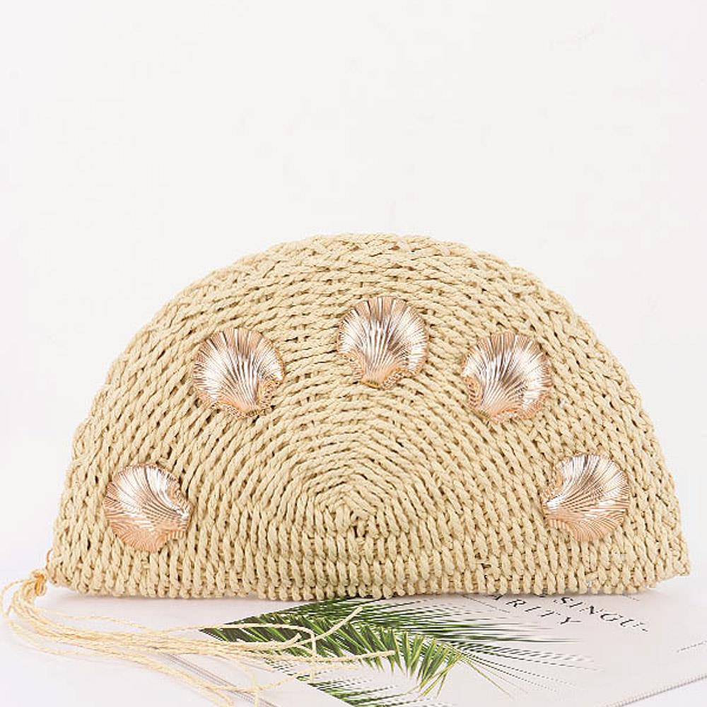 Helen Straw Half-Moon Clutch with Shell Embellishments – Benaar LA