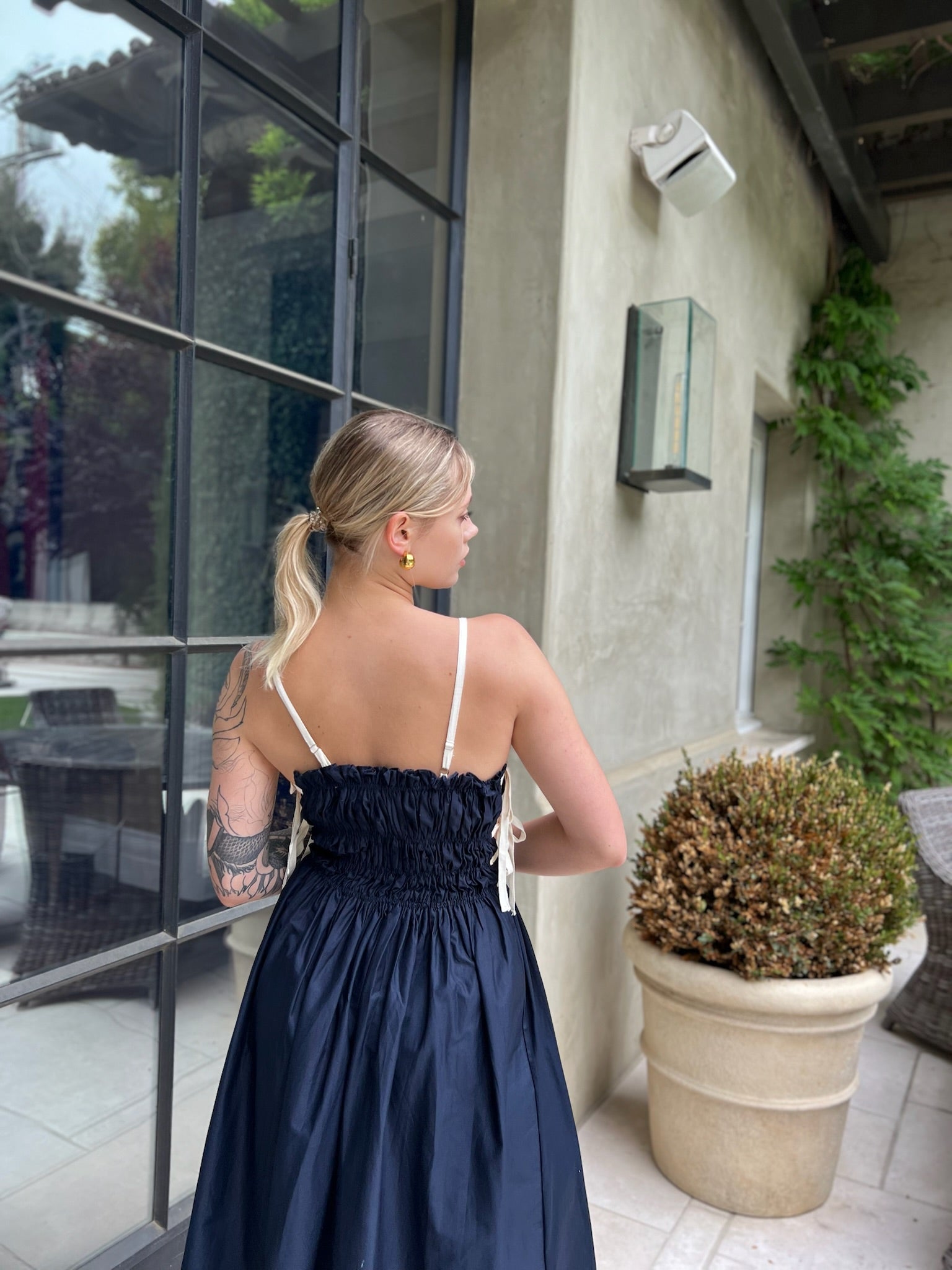 Lena Midi Dress with Side Ties-Navy Medium/Large Lena Midi Dress with Side Ties-Navy Medium/Large