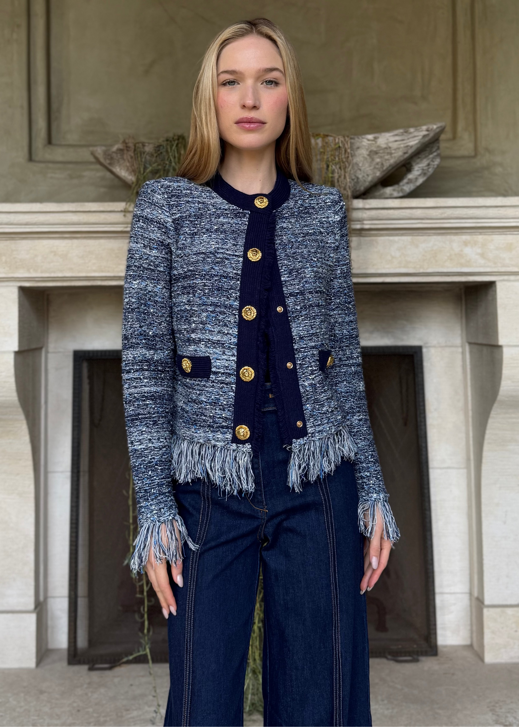 Jessica Fringe Hem Cropped Cardigan Jacket - Navy – Benaar LA