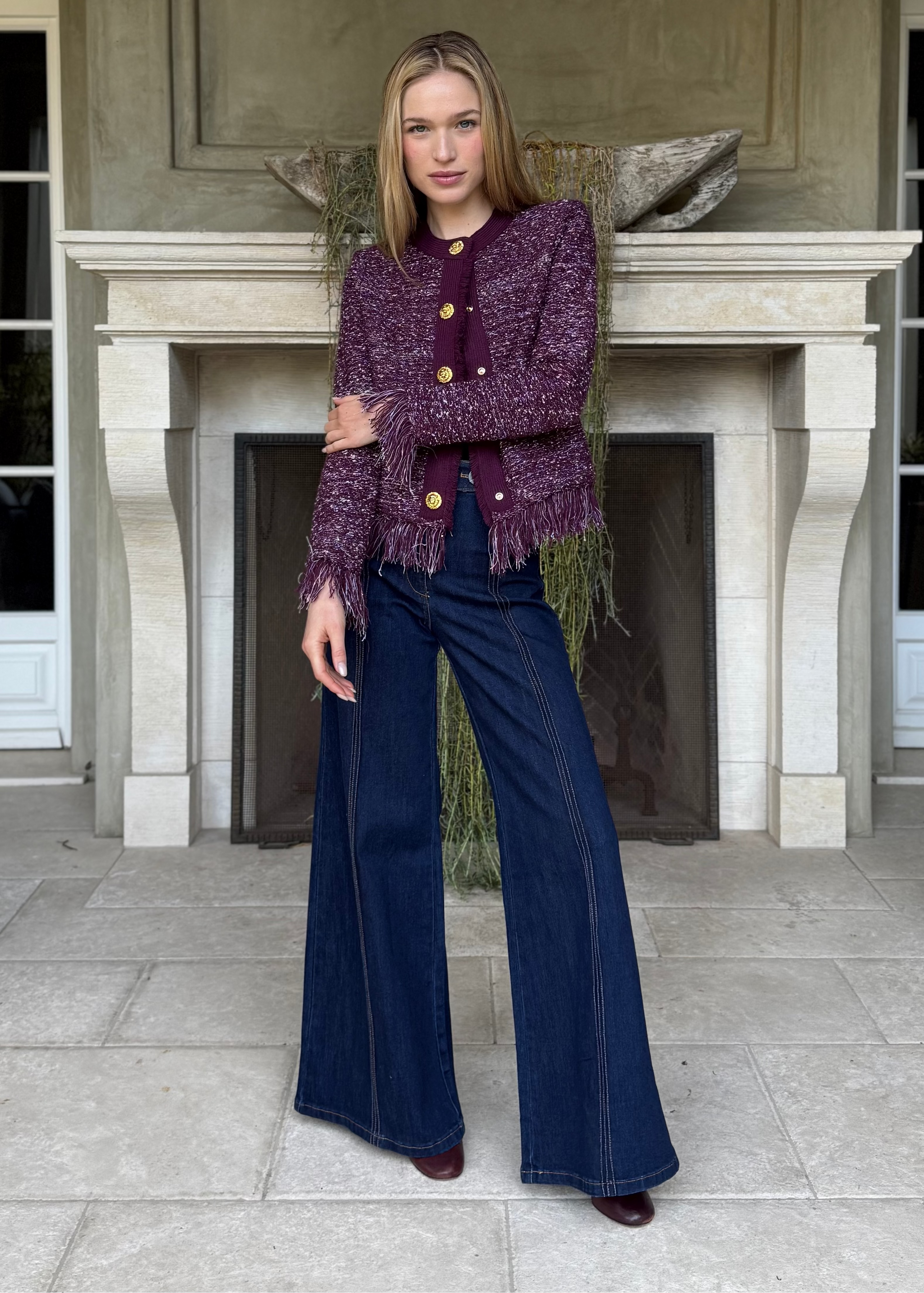 alors paris Morgan cardiganカーディガンジャケット Jessica Fringe Hem Cropped Cardigan Jacket - Eggplant – Benaar LA