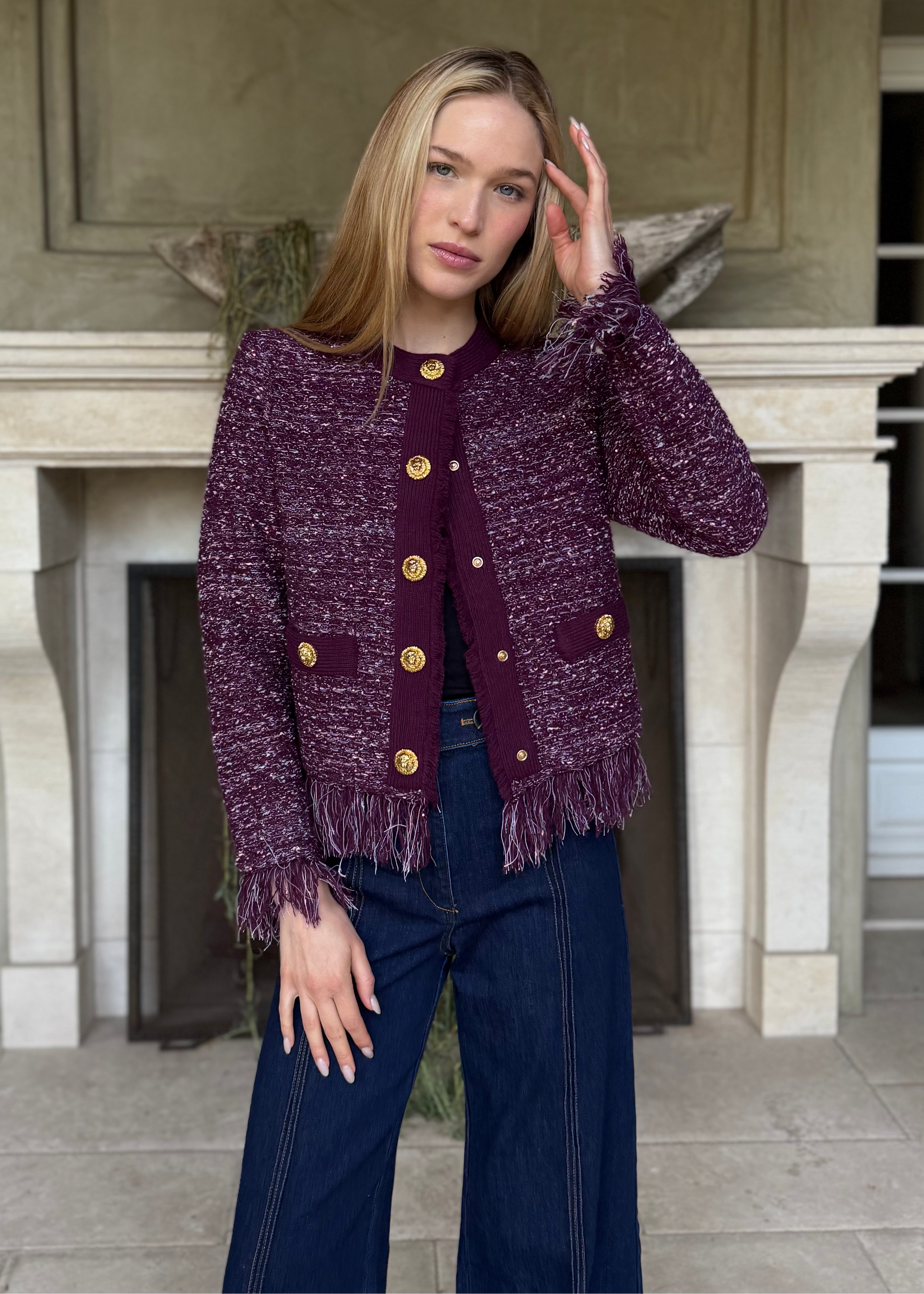 Jessica Fringe Hem Cropped Cardigan Jacket - Eggplant – Benaar LA