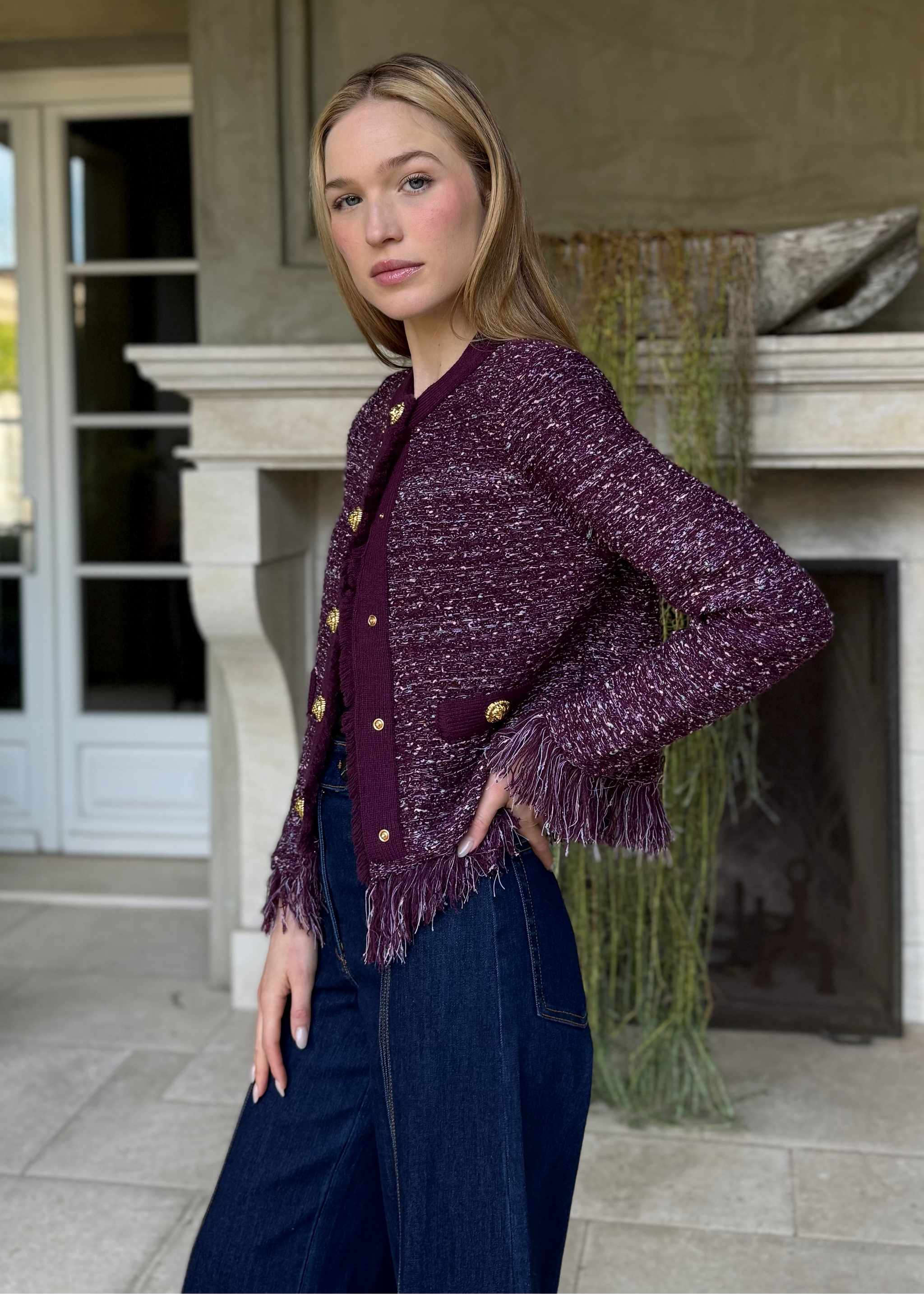 Jessica Fringe Hem Cropped Cardigan Jacket - Eggplant – Benaar LA
