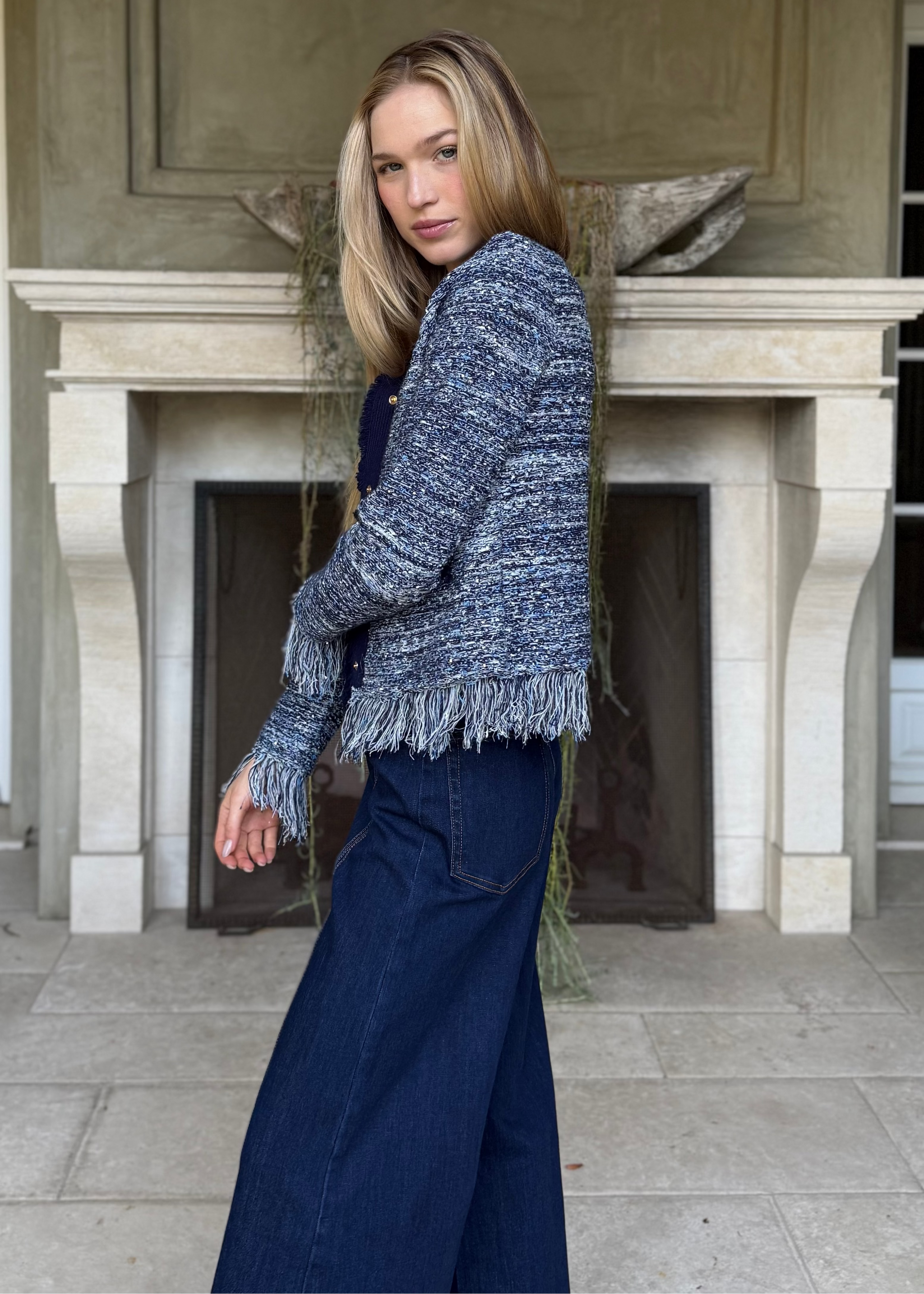 Jessica Fringe Hem Cropped Cardigan Jacket - Navy – Benaar LA