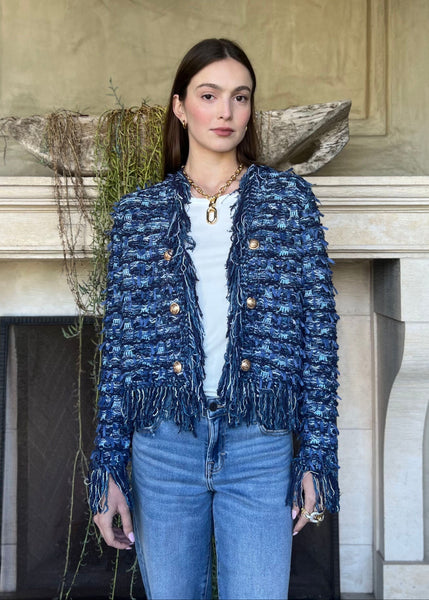 Khloe Open Front Fringe Jacket - Blue – Benaar LA