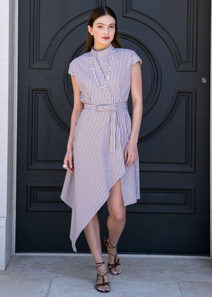 Melanie Mock Neck Striped Asymmetric Hem Dress - Brown – Benaar LA
