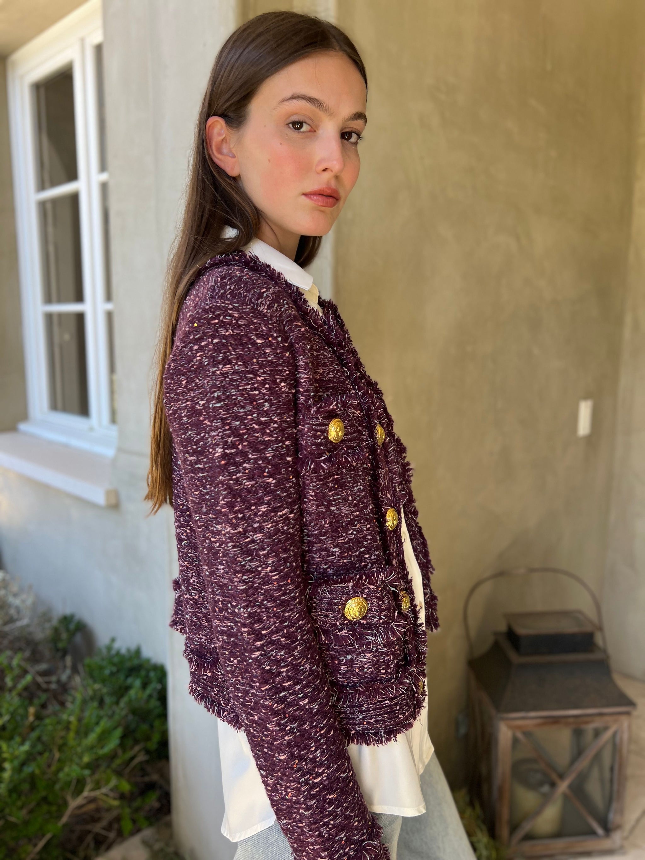 Bethany Tweed Jacket with Gold Buttons - Eggplant – Benaar LA